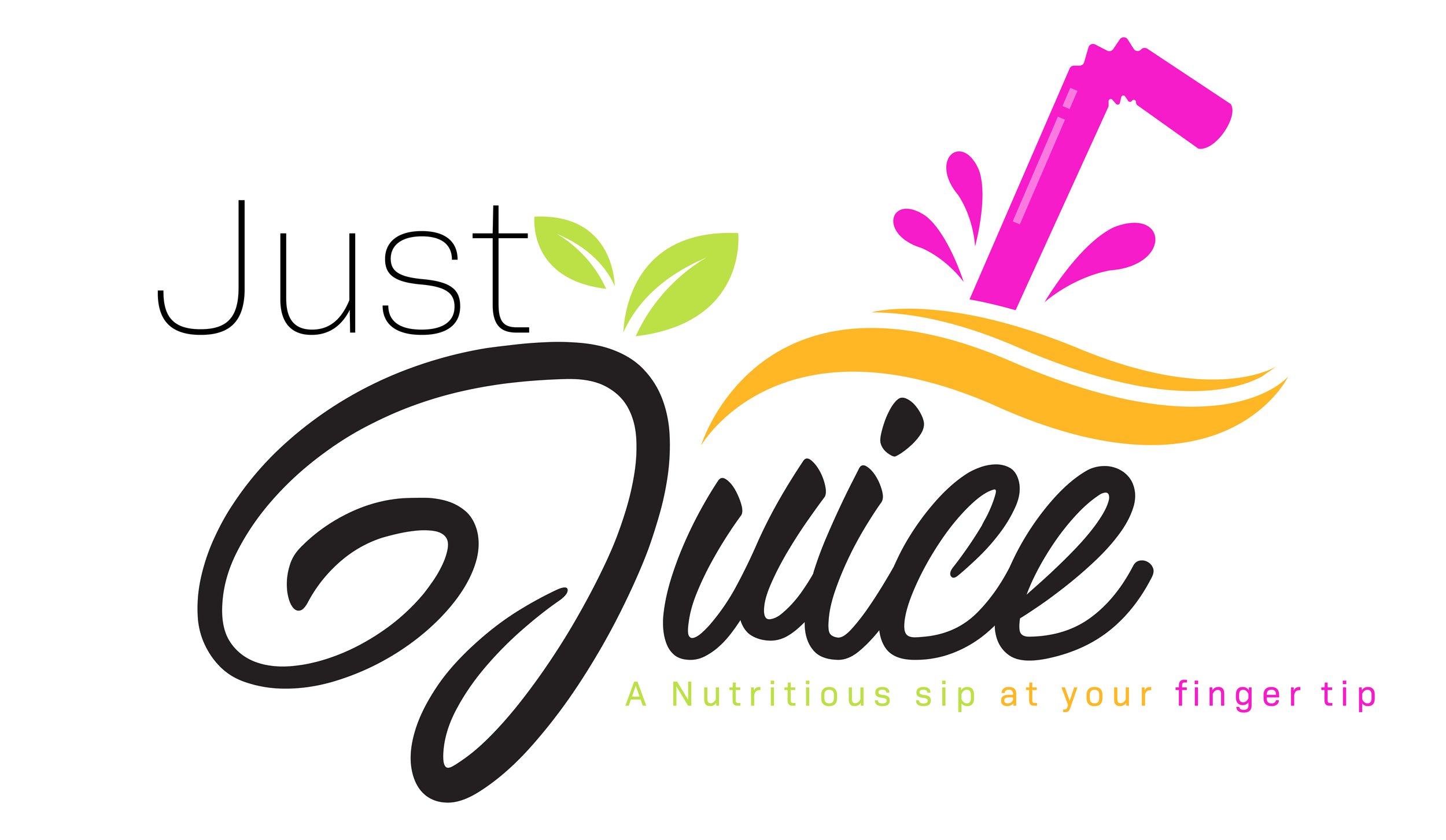 Logo for 'Just Juice' featuring a stylized orange slice, a pink straw, green leaves, and the tagline 'A Nutritious sip at your finger tip'.