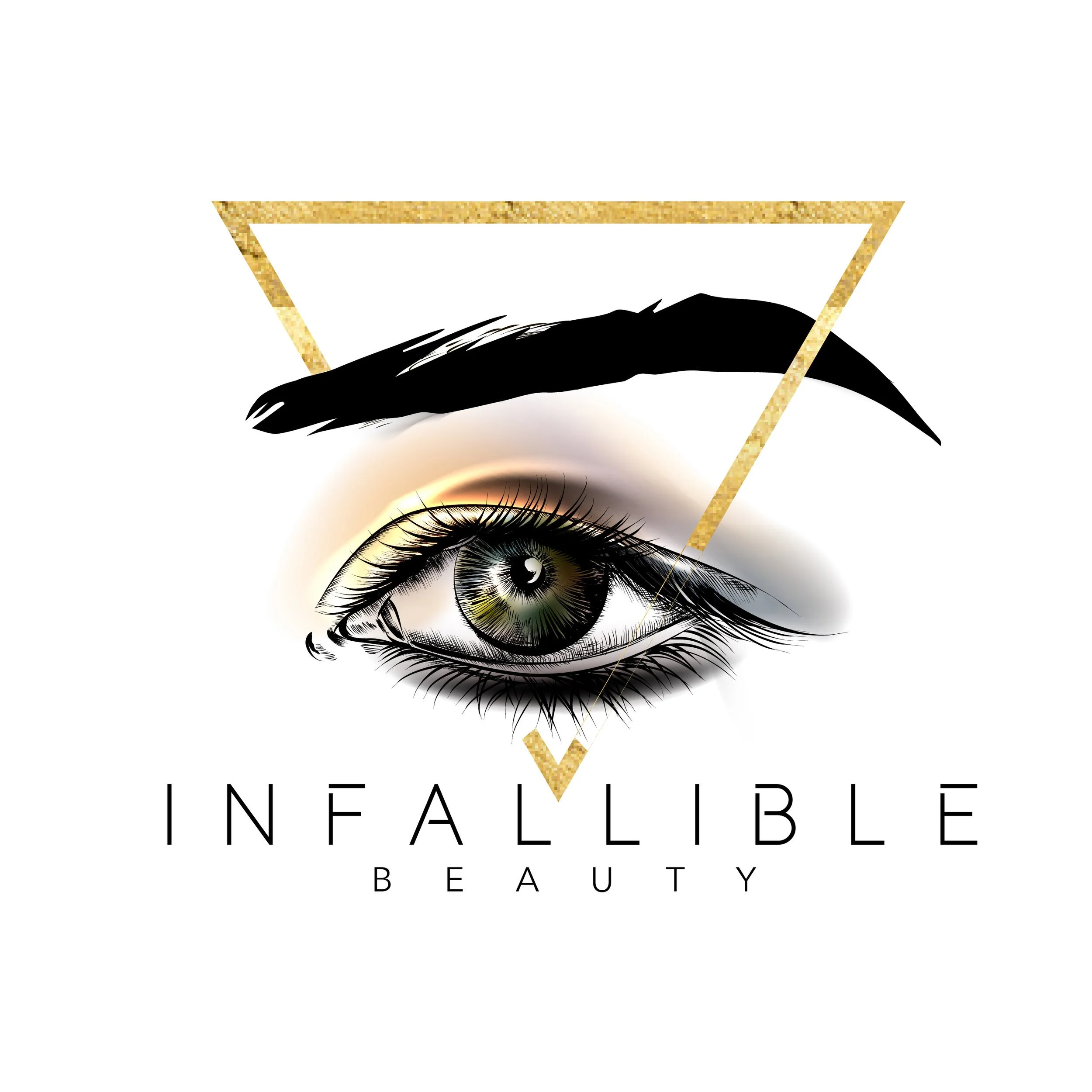 A logo for Infallible Beauty featuring a detailed realistic eye with a green iris, black eyelashes, and a soft glow around it. Above the eye is a stylized black eyebrow and a gold triangle design element intersecting a gold line. The words "INVISIBLE