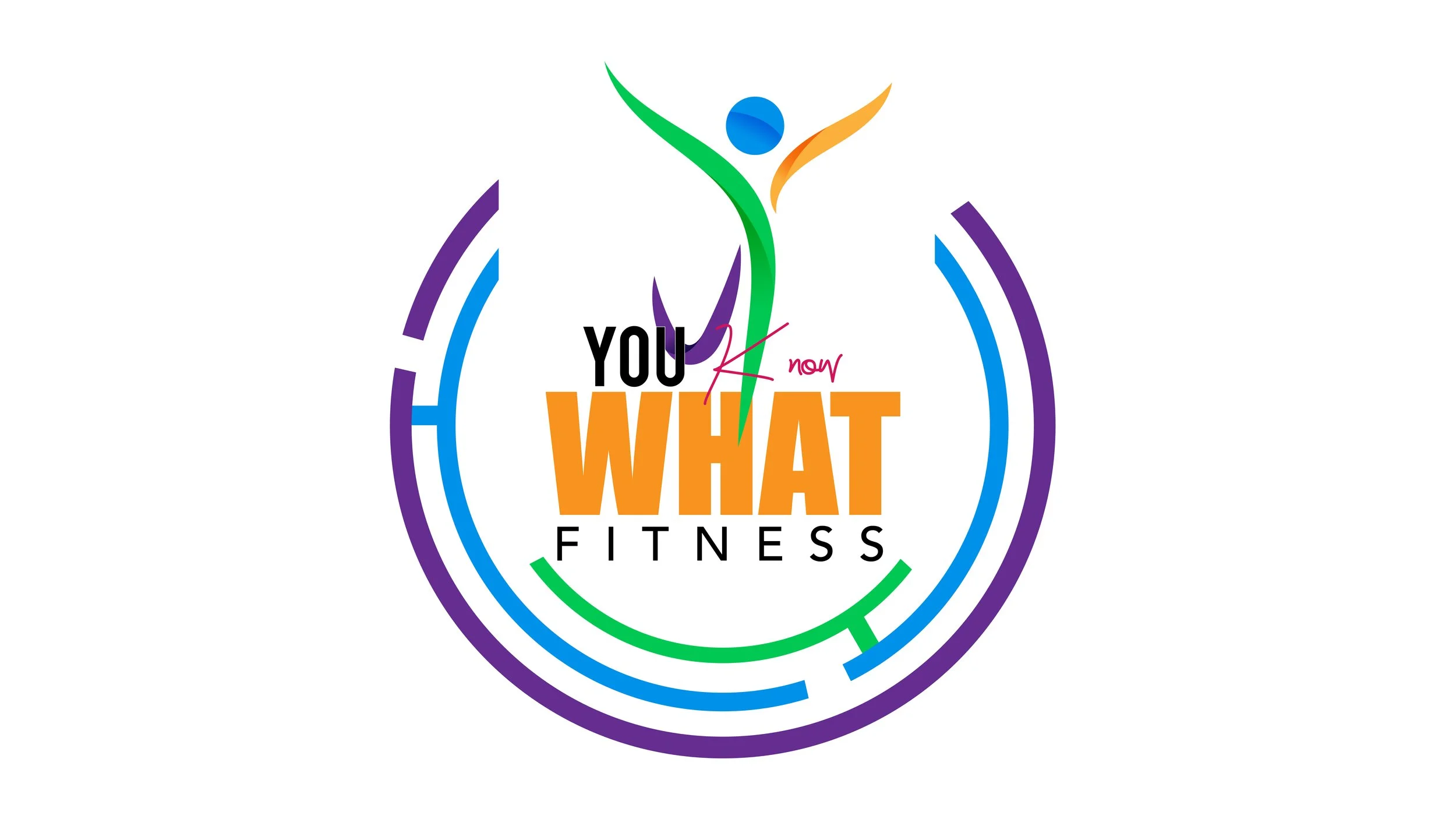 Colorful logo with a stylized figure raising arms, text 'You Are Now What Fitness' in black, orange, and pink, surrounded by concentric circular lines in purple, blue, and green.