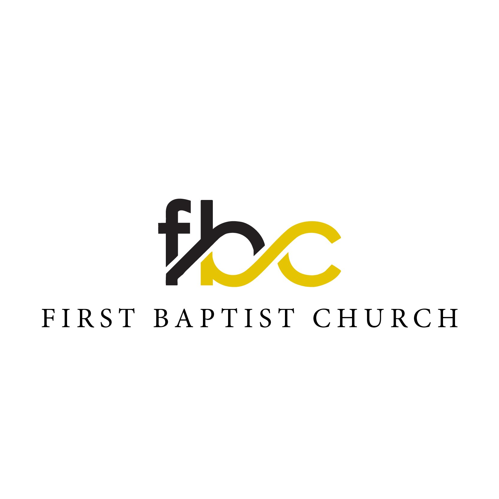 Logo of First Baptist Church featuring stylized black and yellow letters 'fbc' and the church name beneath.