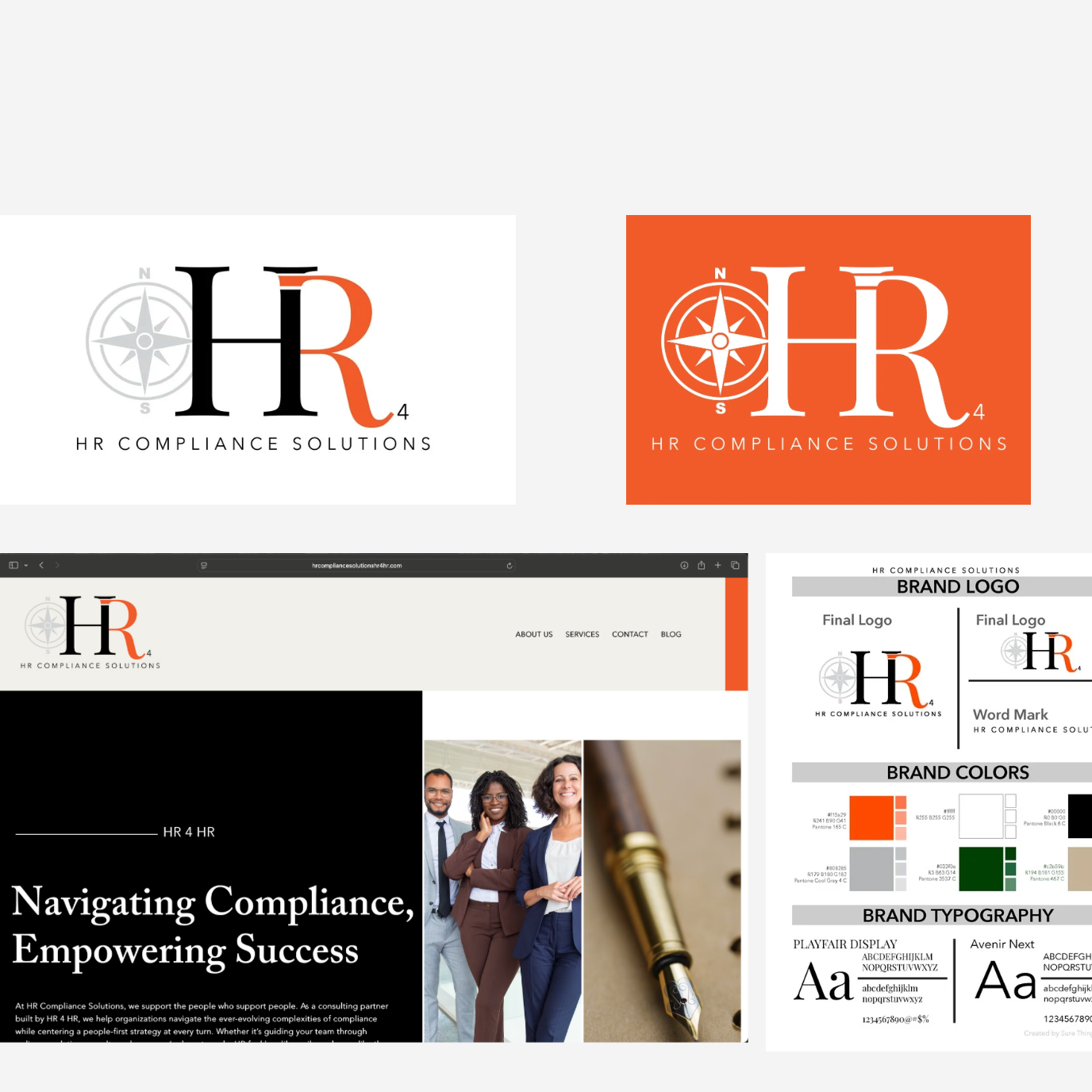 Brand logo featuring the letters 'HR' with a compass design, in black, white, orange, and gray, for HR Compliance Solutions.