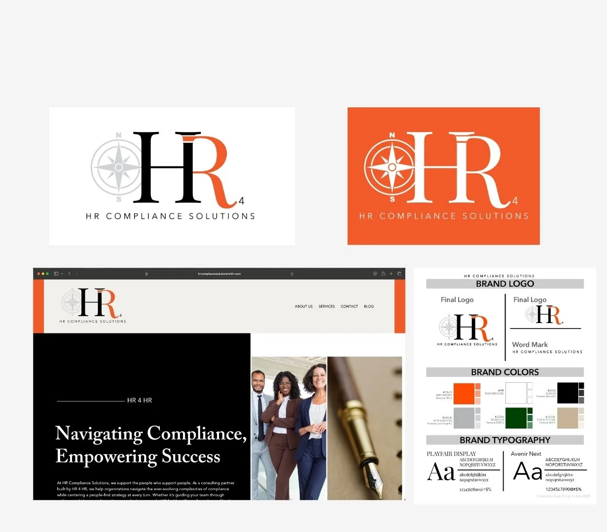 A branding presentation for HR Compliance Solutions featuring logos, color schemes, typography, website layout, and branding elements for the company.