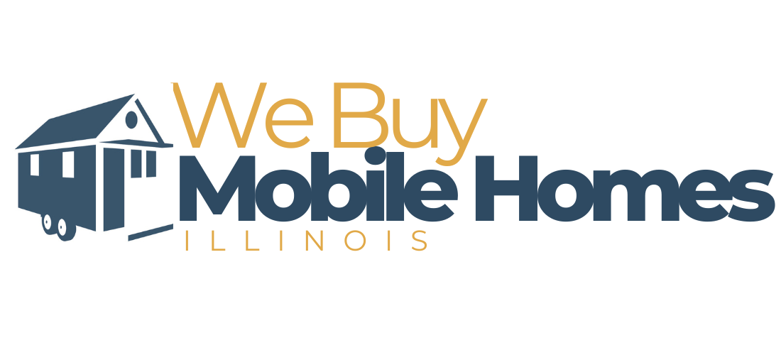 Logo for 'We Buy Mobile Homes Illinois' with a house built on wheels and text in navy blue and gold
