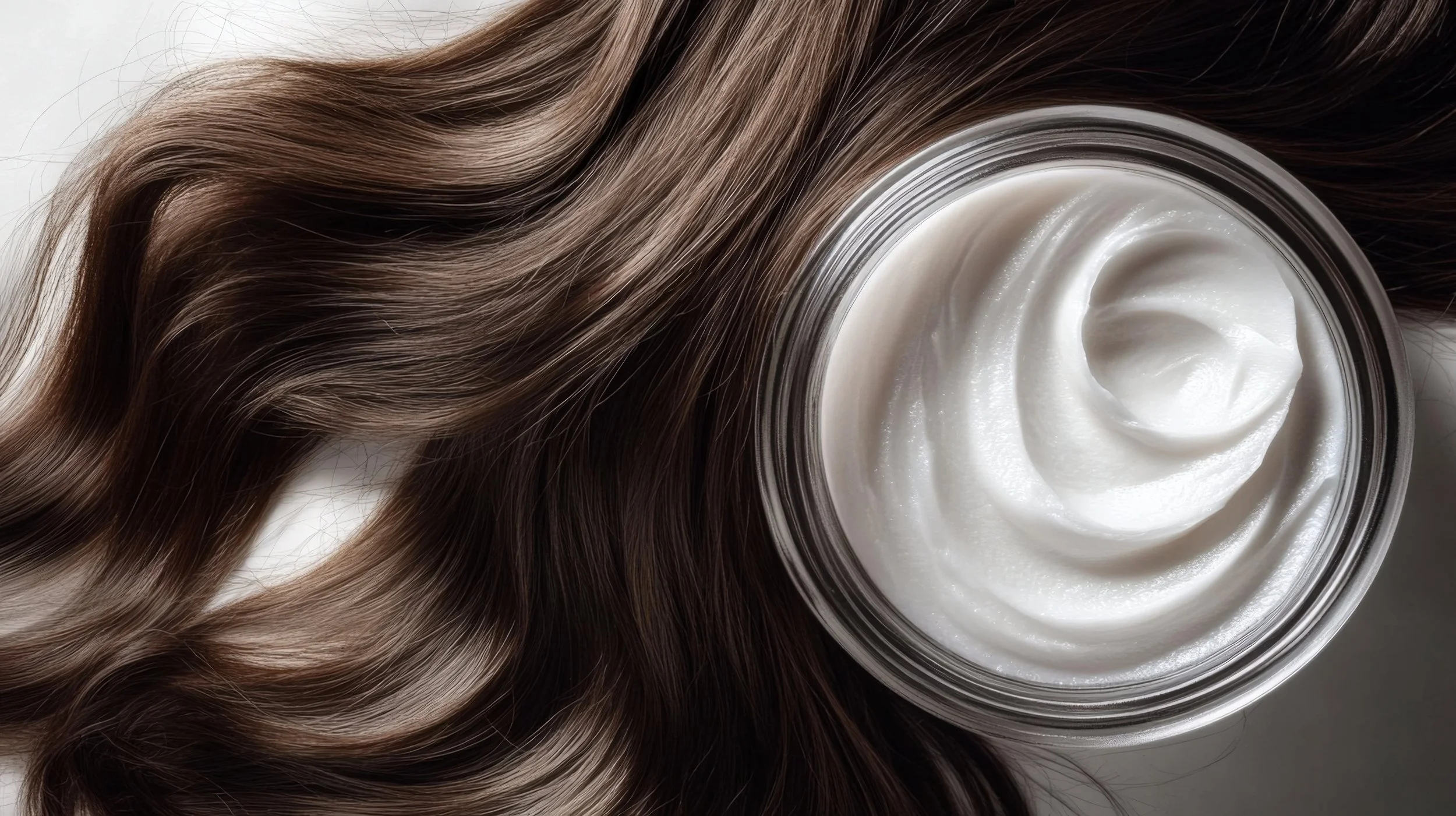 A jar of white cream placed on dark brown wavy hair.