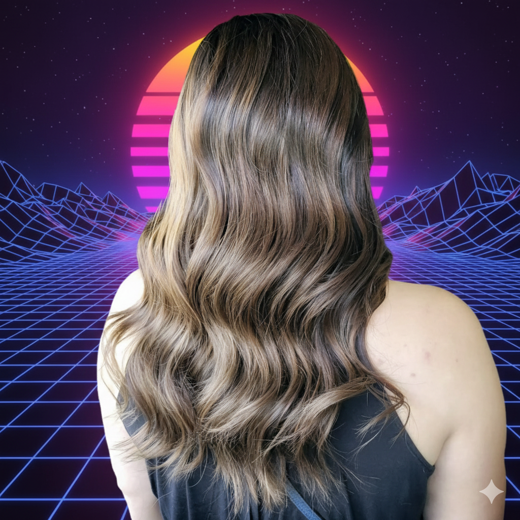 Back of a woman's head with wavy brown hair, set against a neon retro-futuristic background with a pink and orange setting sun, grid lines, and starry sky.