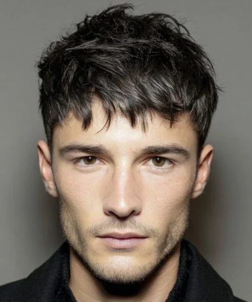Close-up of a young man with dark hair, light skin, and a slight beard, looking directly at the camera.
