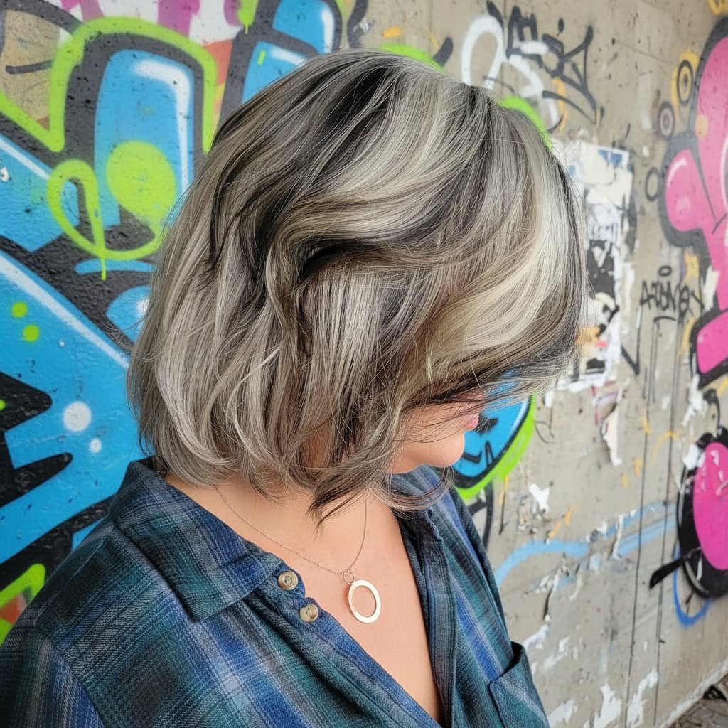 Side view of a woman with blonde, wavy hair standing against a colorful graffiti wall.