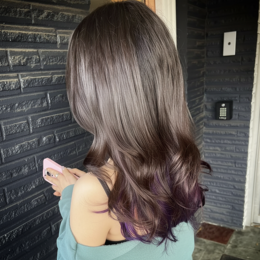 Woman with long, straight brown hair transitioning to purple curls at the ends, looking at her phone, standing in front of a black brick wall.