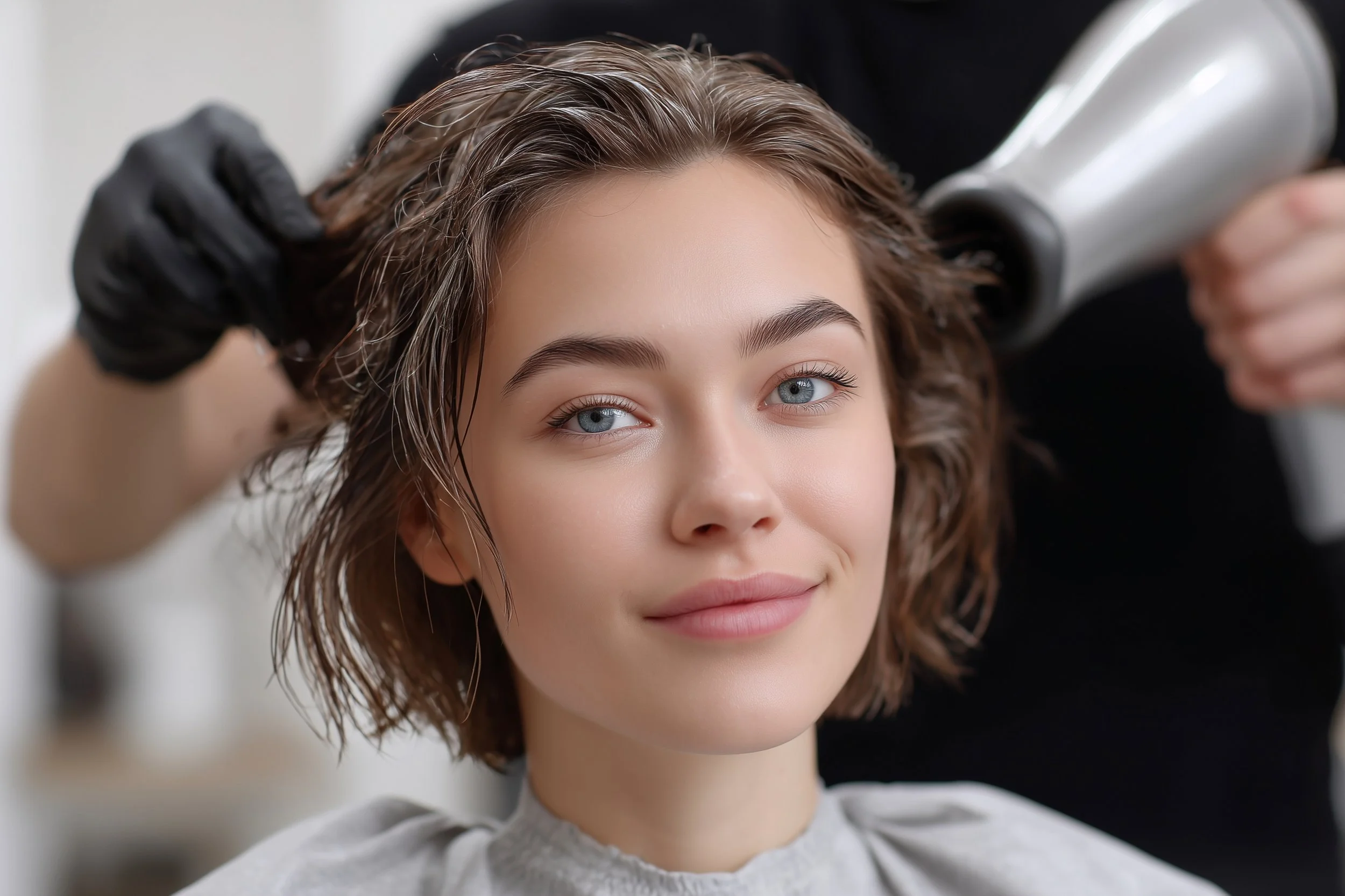 A woman with wet hair sitting in a salon chair while a stylist blow-dries her hair.