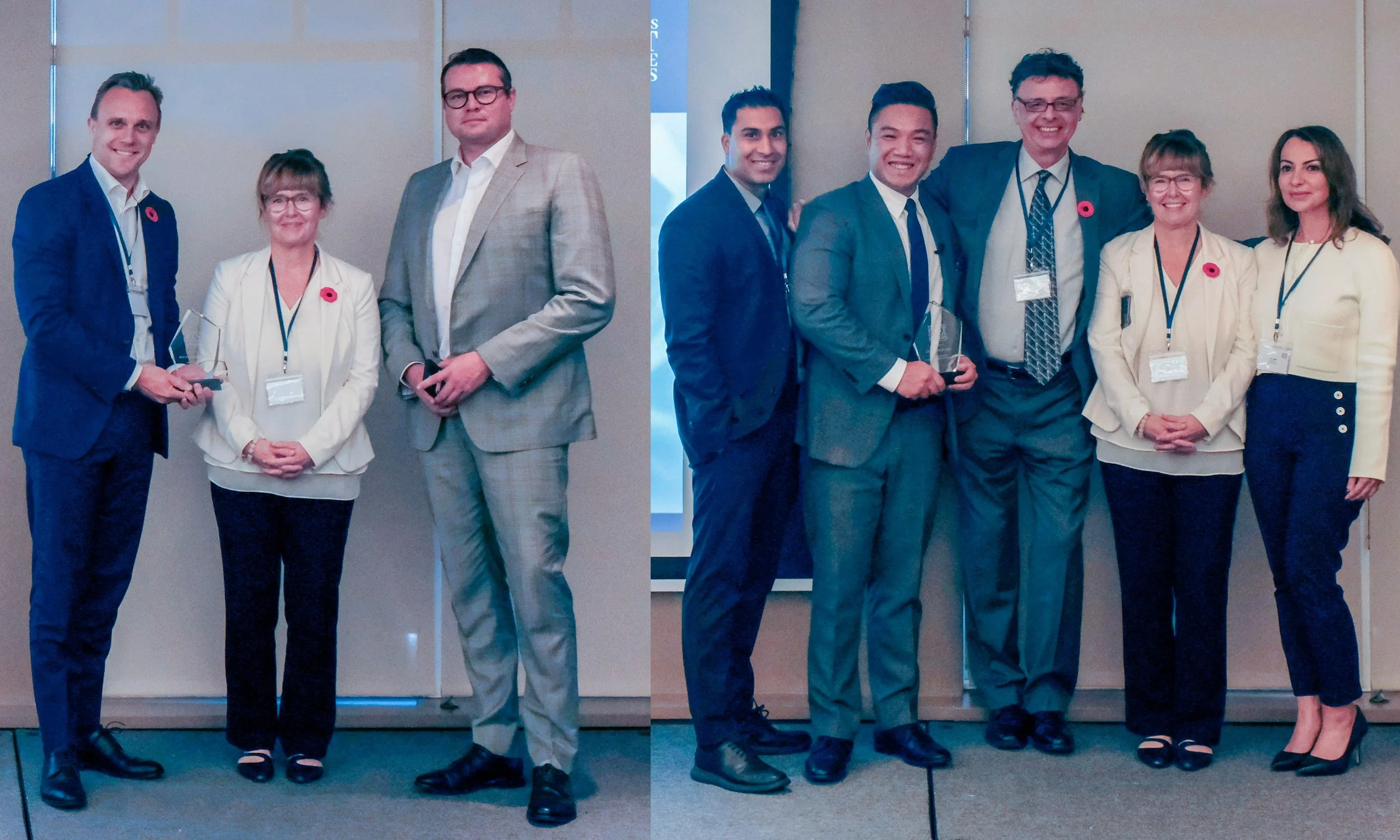 Canada’s Best Private Boards 2024 winners (Tristan Armstrong from Rocky Mountaineer and James Nguyen from Quantropi) posing with award on stage at event.