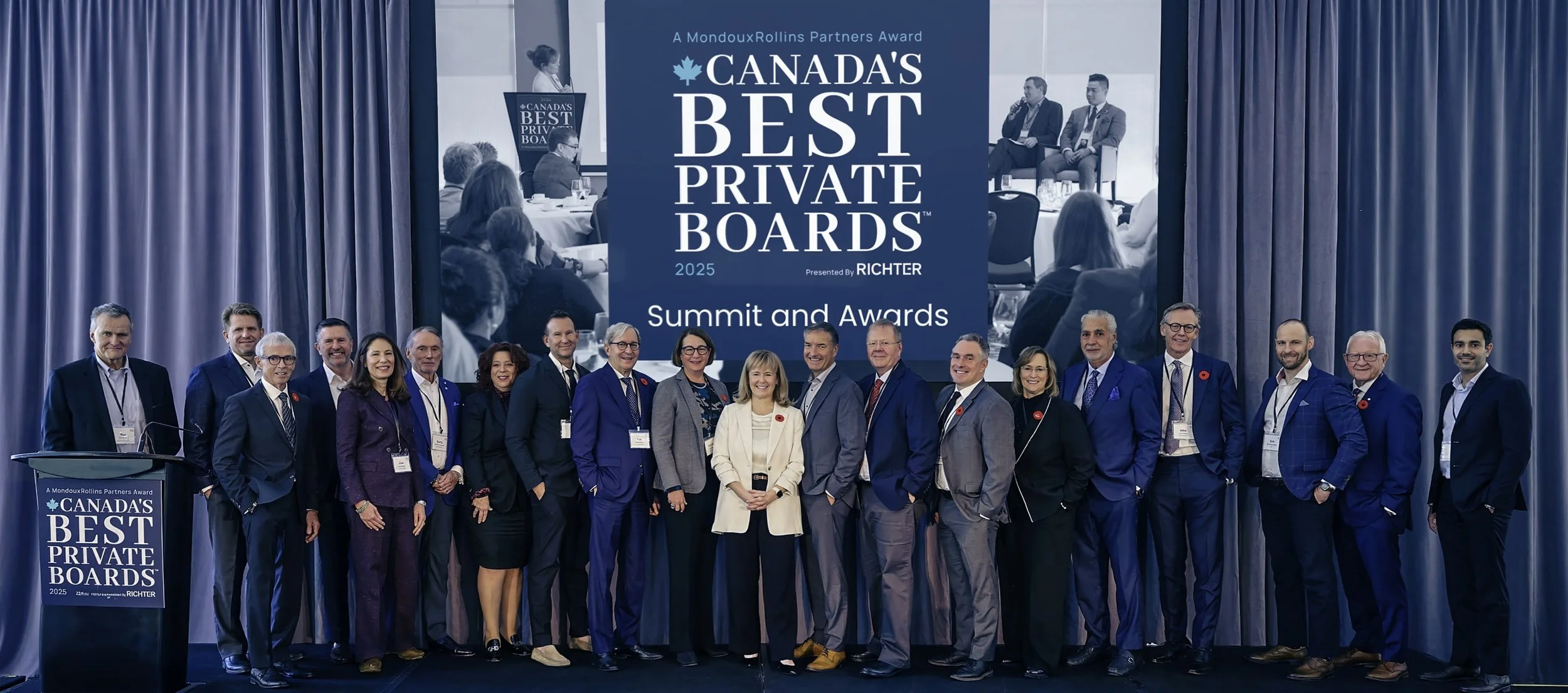 2025 Canada’s Best Private Boards Award winners posing on stage at the Canada’s Best Private Boards Summit and Awards, presented by MondouxRollins Partners