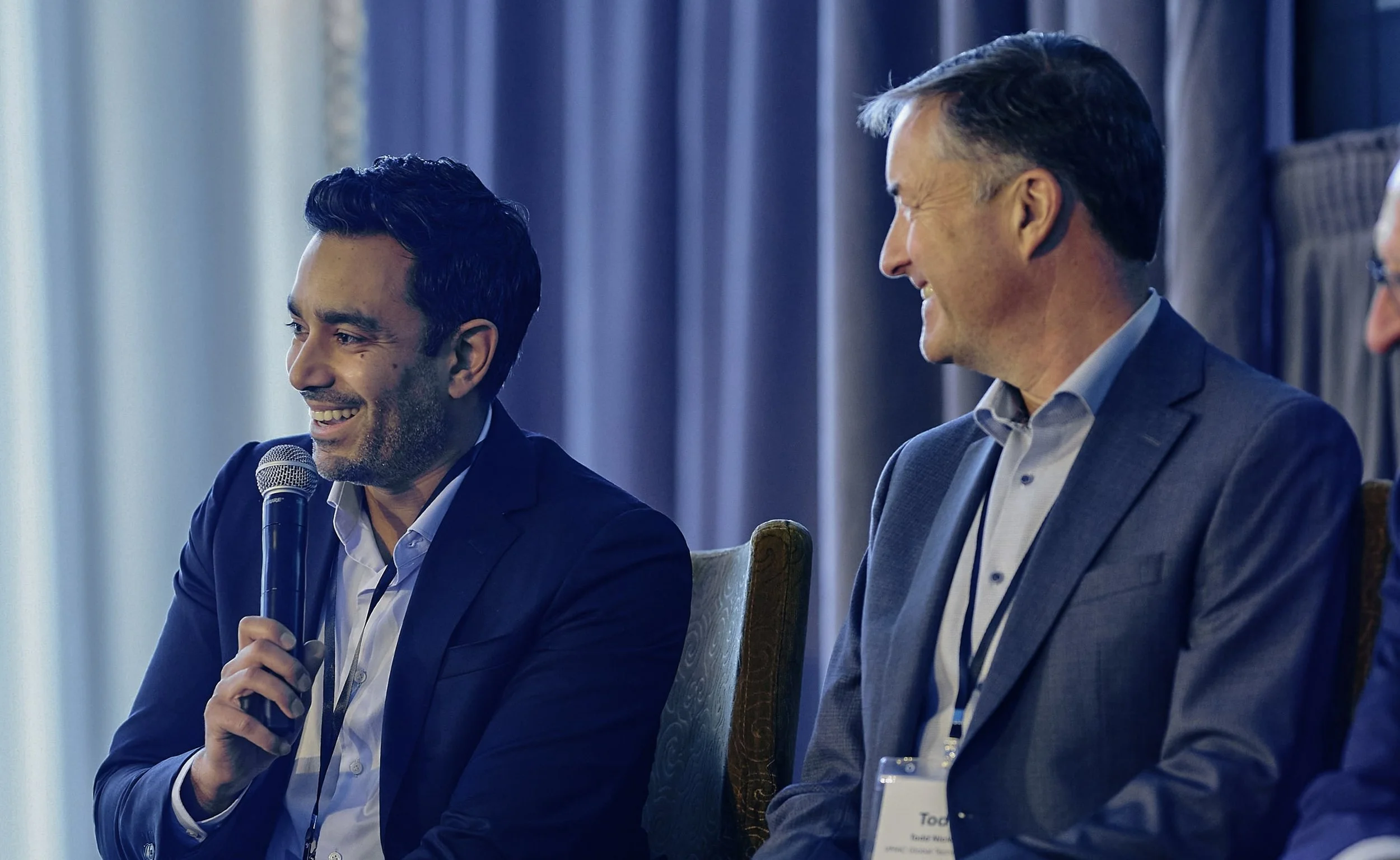Shehzad Janmohamed (Soul Foods Group) and Todd Nicklin (VMAC Global Technologies) discussing the importance of the CEO-board chair relationship at the 2025 Canada’s Best Private Boards Summit and Awards.