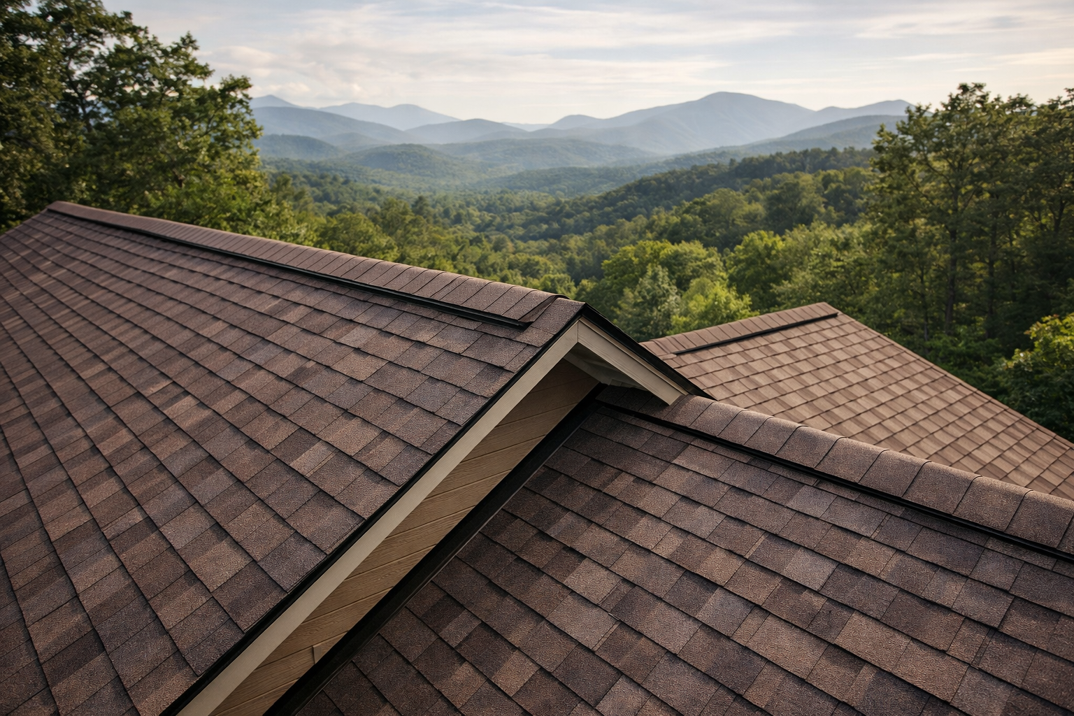 Close-up of two sloped rooftops with brown shingles, overlooking a green forested mountain landscape in the distance under a cloudy sky.