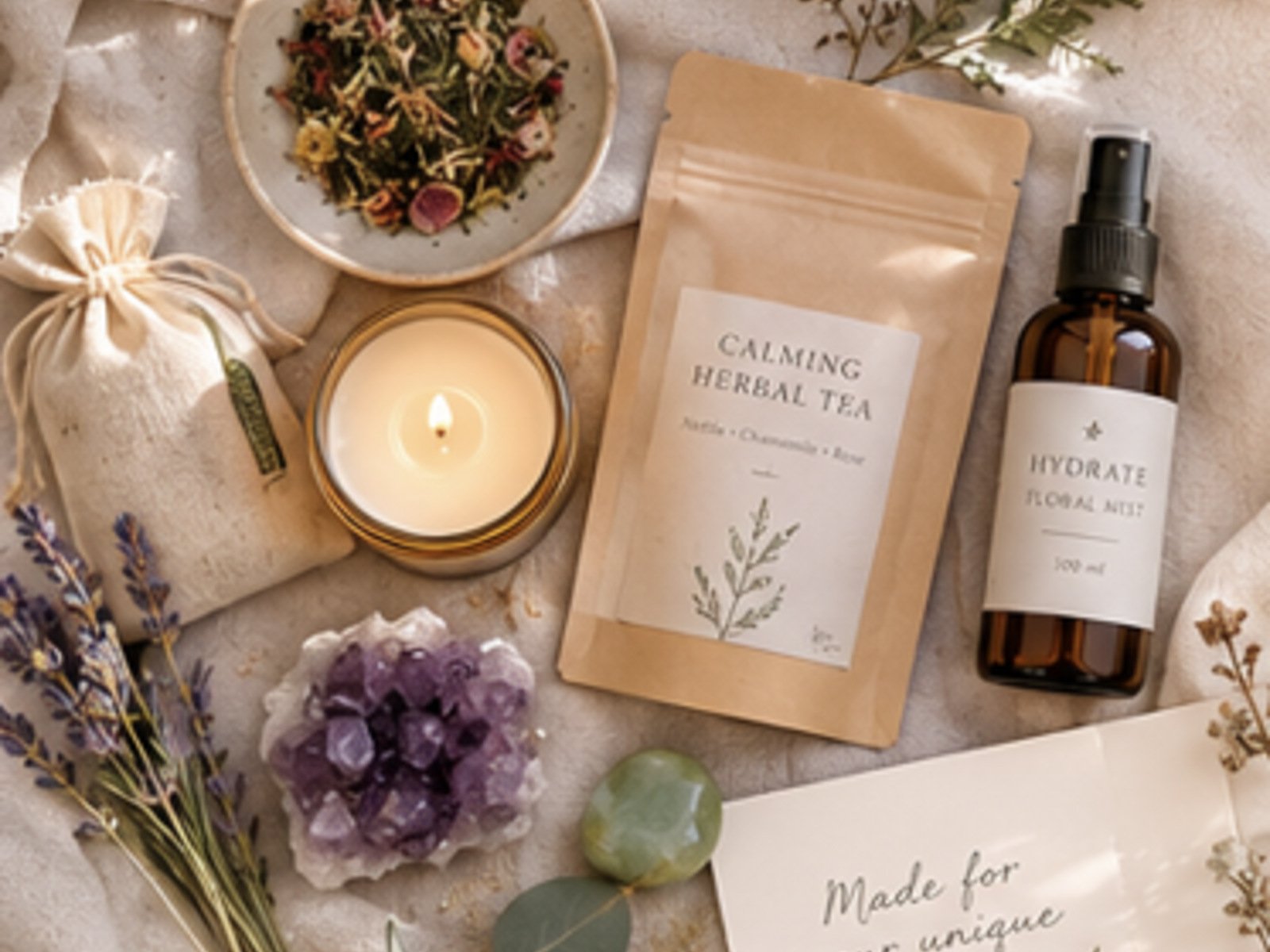 Curated NatureCue Collection with botanical tea, candle, sensory items, crystals, and nature-inspired wellness supports