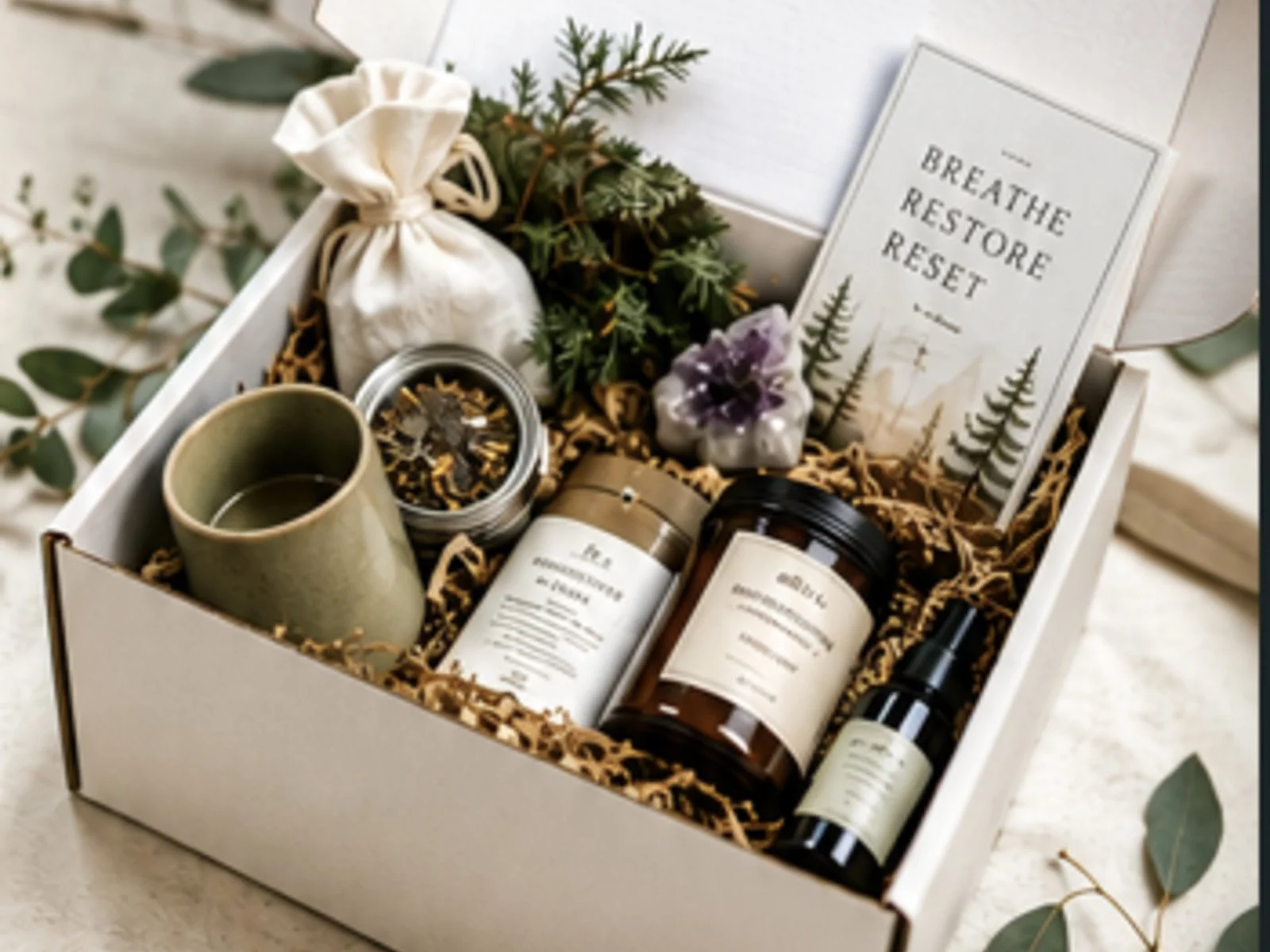 Curated NatureCue Collection with botanical tea, candle, sensory items, crystals, and nature-inspired wellness supports
