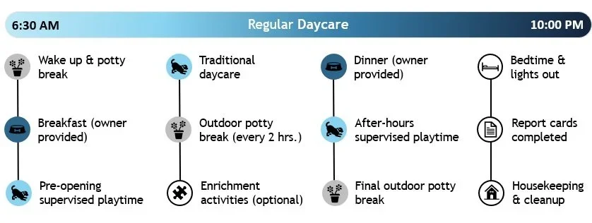 A daily daycare schedule from 6:30 AM to 10:00 PM, listing activities such as waking up, potty breaks, breakfast, supervised playtime, outdoor potty break, enrichment activities, dinner, after-hours supervised play, bedtime, report cards, and housekeeping.