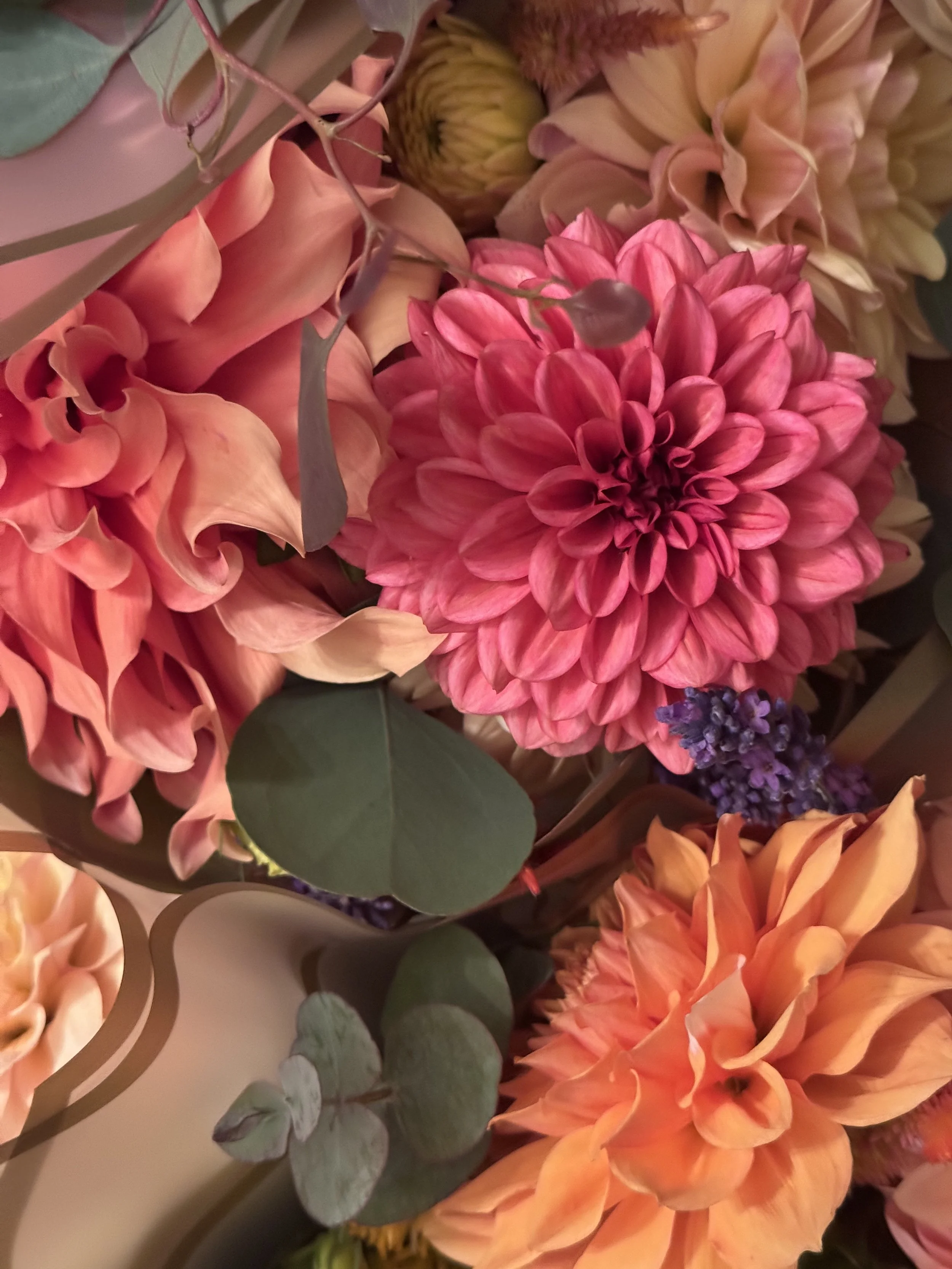 Close-up of a colorful bouquet of flowers including pink dahlias, orange lilies, purple lavender, and eucalyptus leaves.