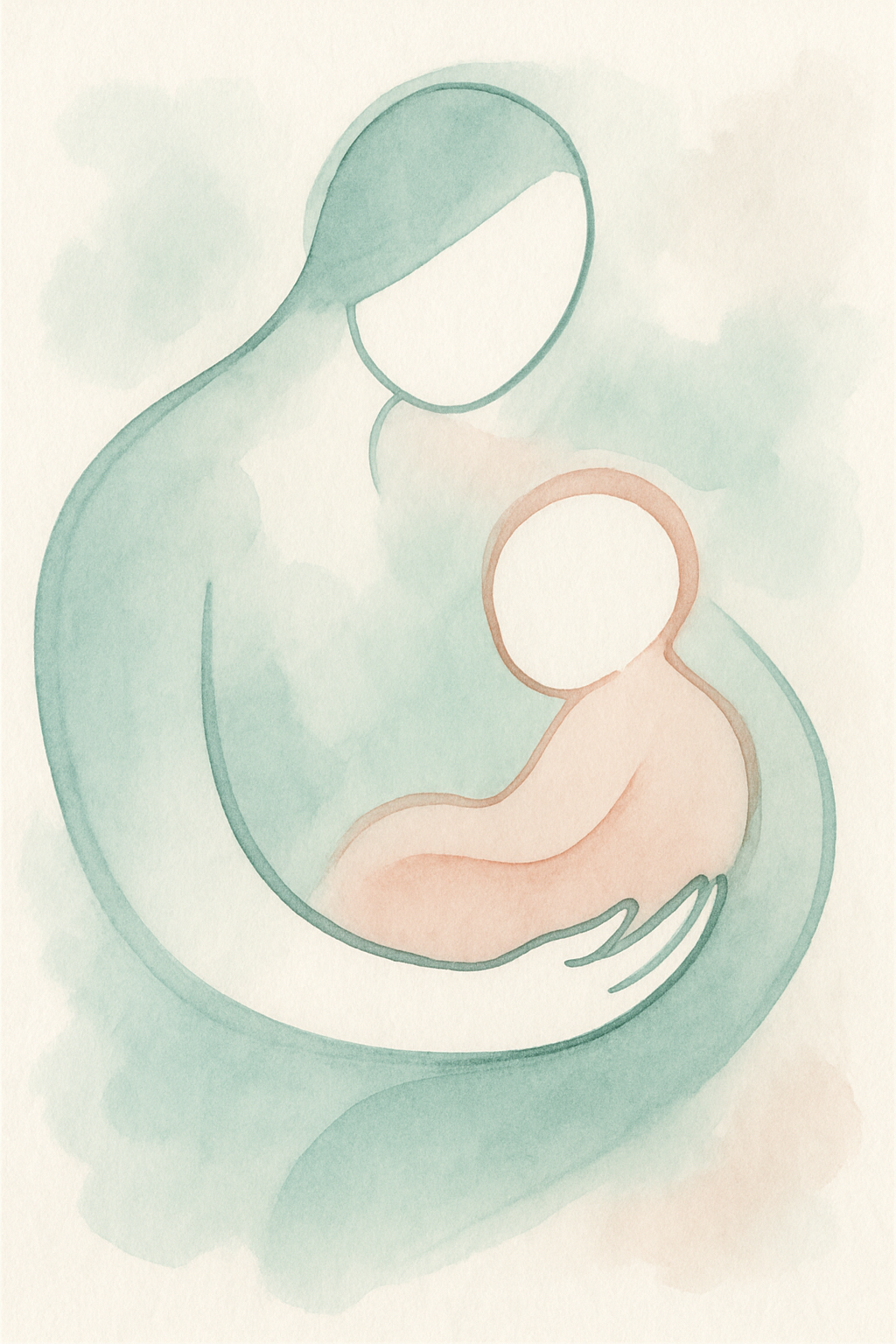 Watercolor illustration of a woman holding a baby, both with blank faces, set against a soft, abstract background with green and peach tones.