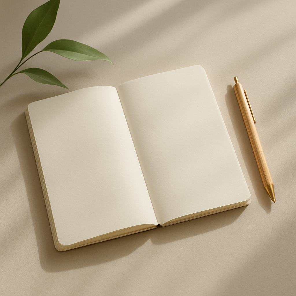 An open blank notebook with a gold pen next to it and green leaves on a light beige surface.
