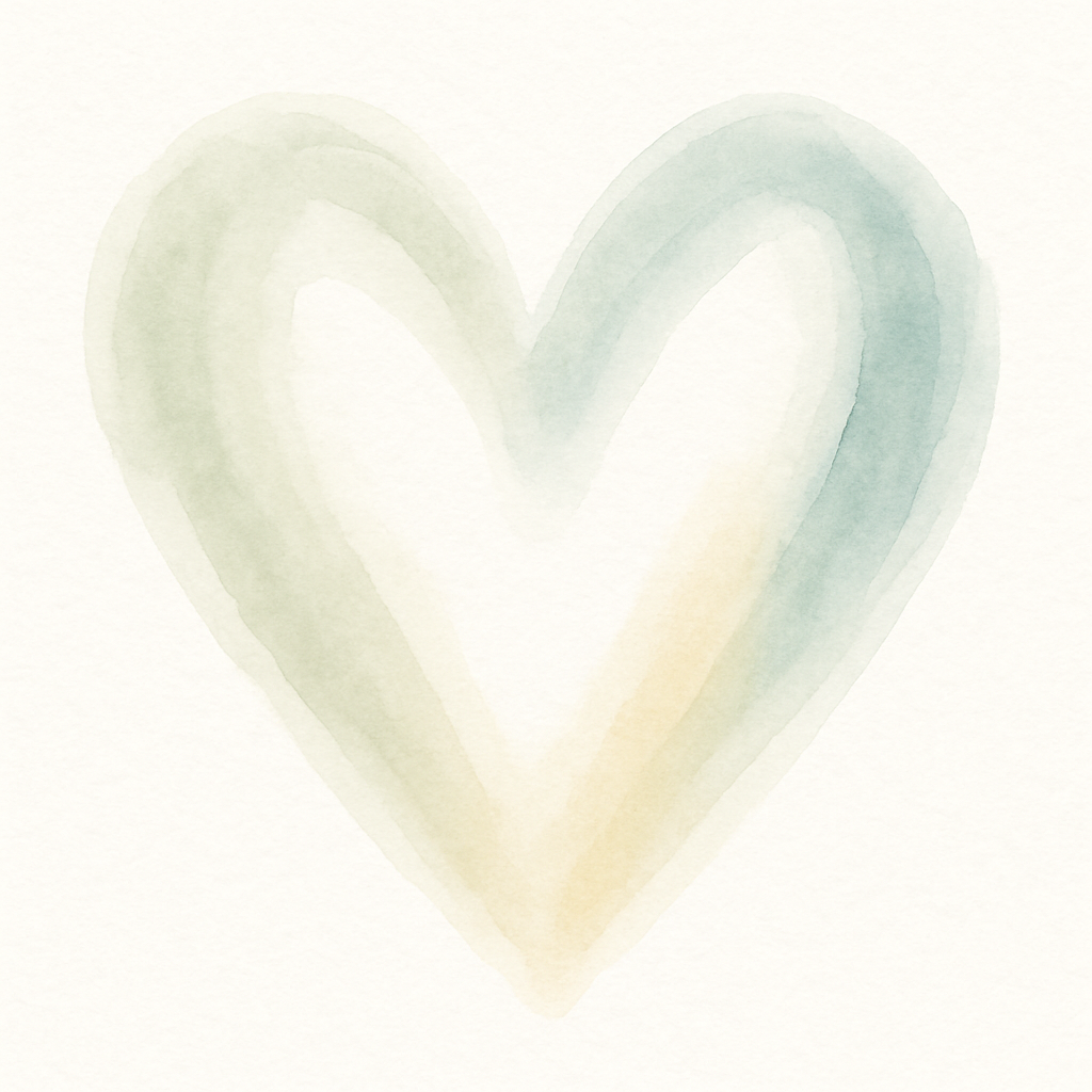 Softly painted heart in pastel shades of green, blue, and yellow on a light background.