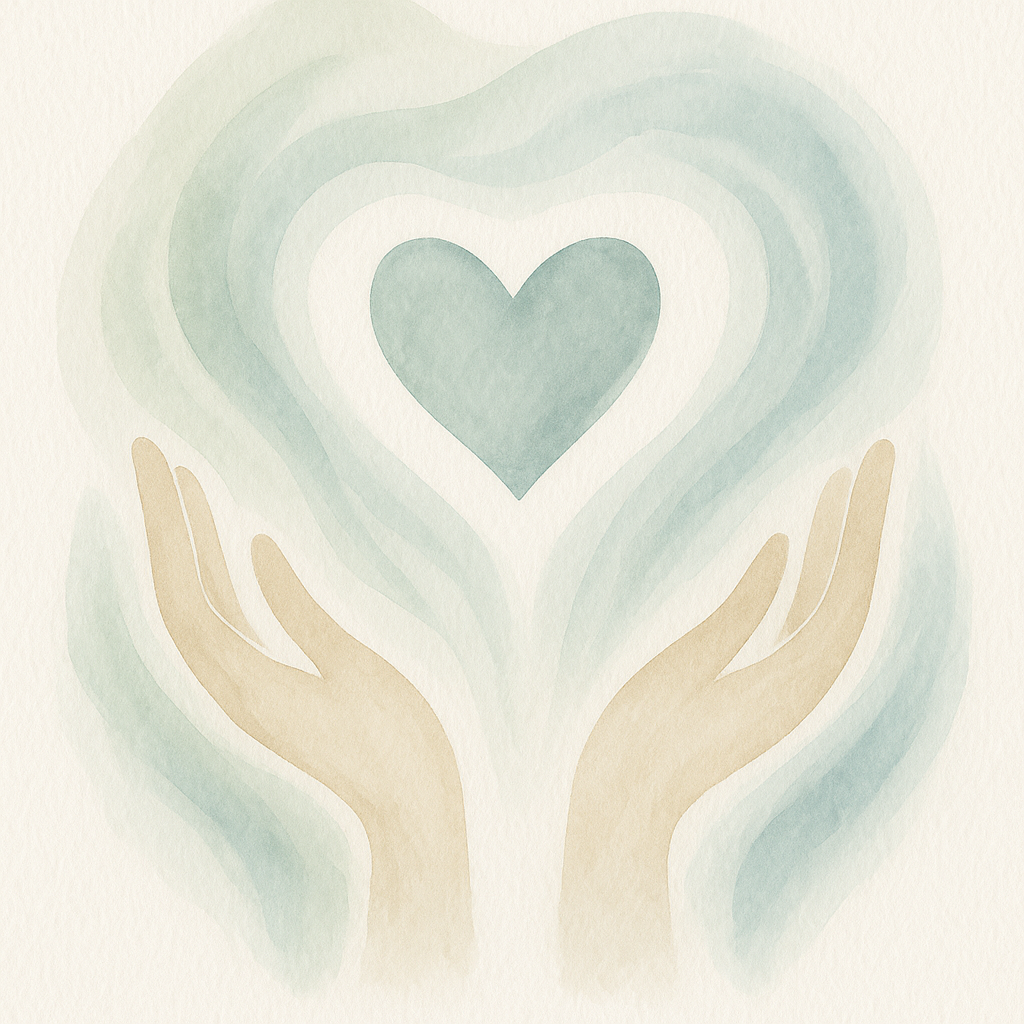 Illustration of two hands reaching up with a heart between them, surrounded by a soft, watercolor-like aura.