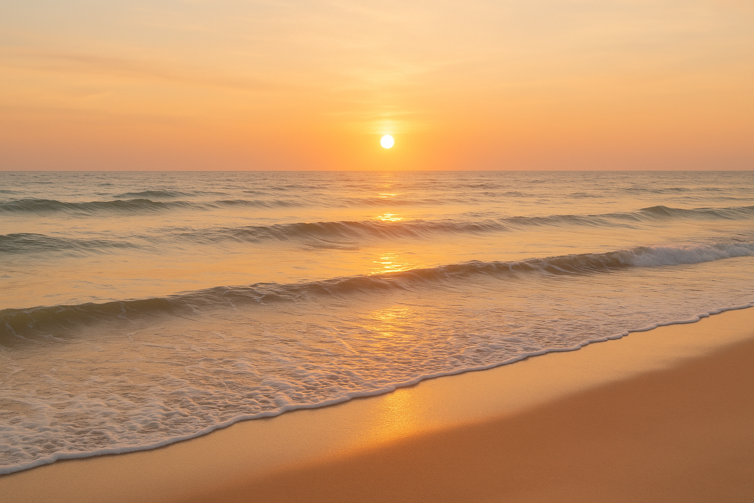 Sun setting over the ocean with gentle waves on a sandy beach, warm golden light reflecting on the water.