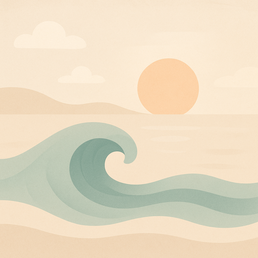 Minimalist illustration of an ocean wave with the sun setting in the background, accompanied by a few clouds.