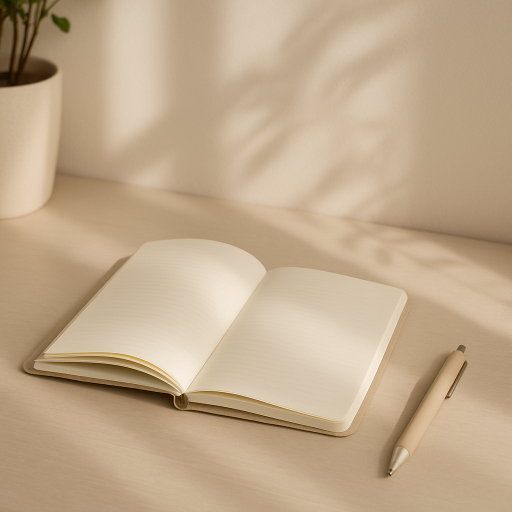 Open blank notebook and beige pen on a light-colored desk with a potted plant in the background.