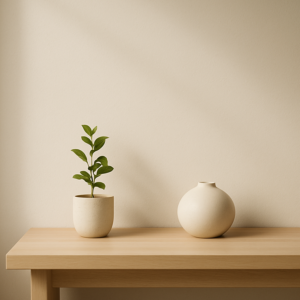 A wooden table with a potted plant with green leaves on the left and a rounded ceramic vase on the right, against a plain beige wall.