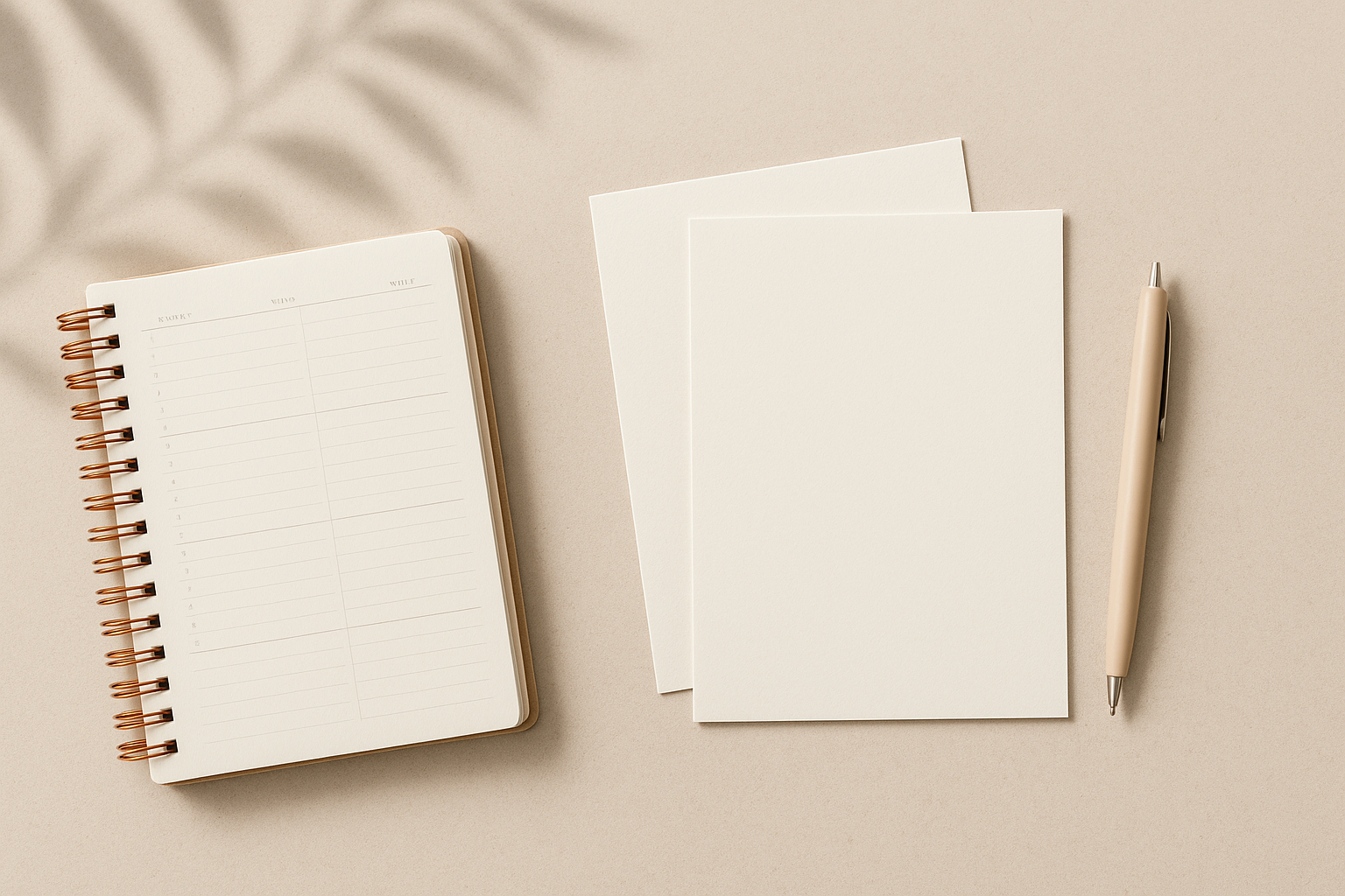 Flat lay of a notebook, two blank sheets of paper, and a pen on a beige surface with shadows of leaves.