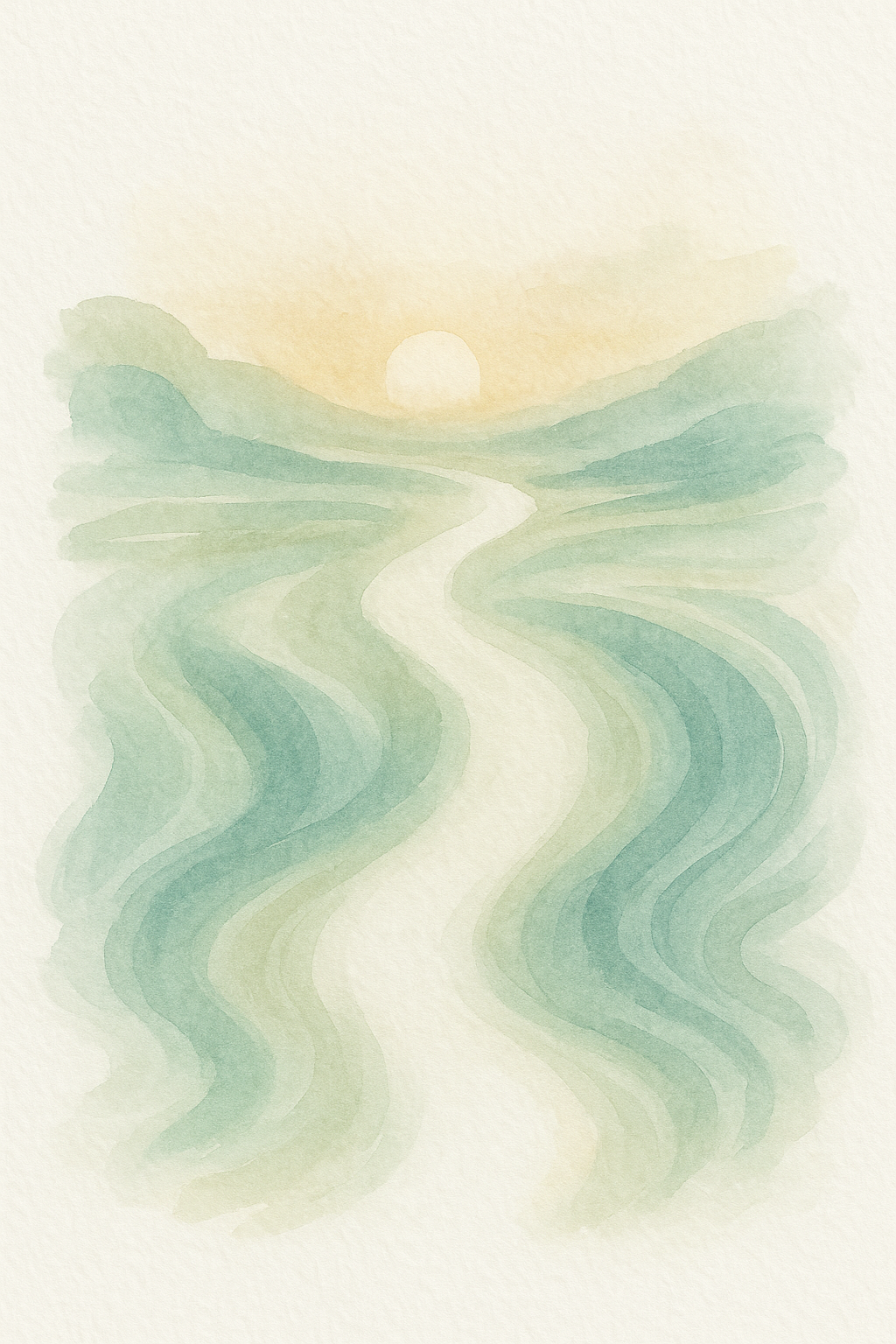 Watercolor painting of a river flowing through green hilly landscape at sunrise with a soft orange and yellow sky.