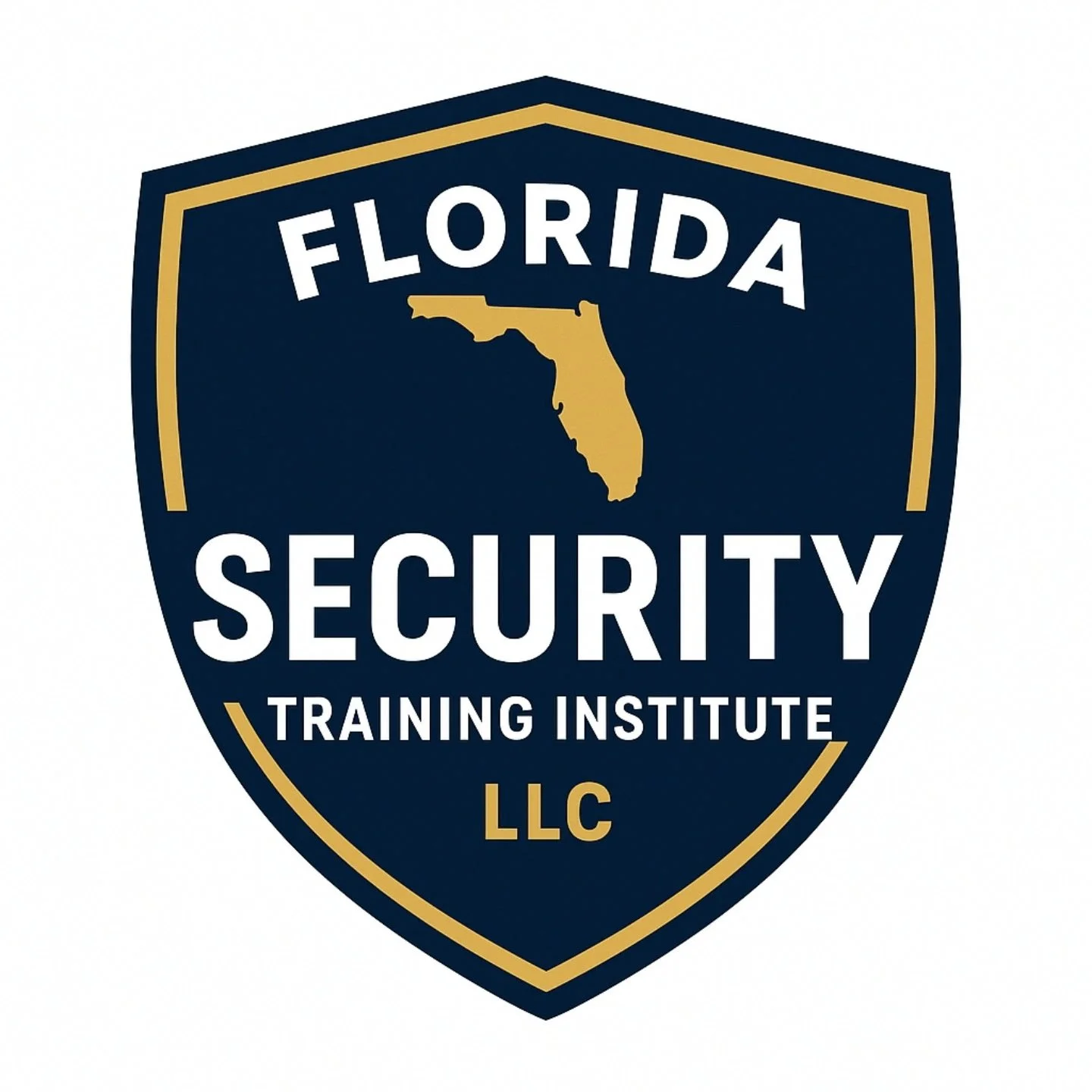 Logo of Florida Security Training Institute LLC featuring a shield with a gold outline, a gold map of Florida, and the text 'Florida Security' at the top, 'Training Institute' in the middle, and 'LLC' at the bottom.
