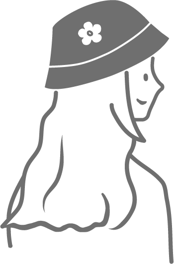 Line drawing of a woman with long hair wearing a wide-brimmed hat with a flower on it, facing to the right.
