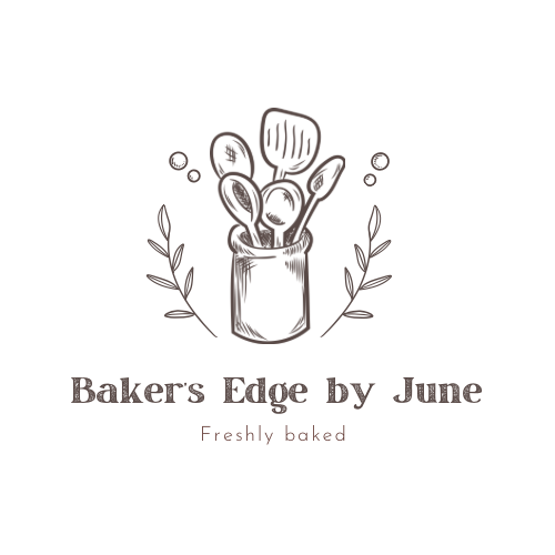 Sketch of baking utensils in a jar, surrounded by decorative leaves, with the text "Baker's Edge by June" and "Freshly baked" below.