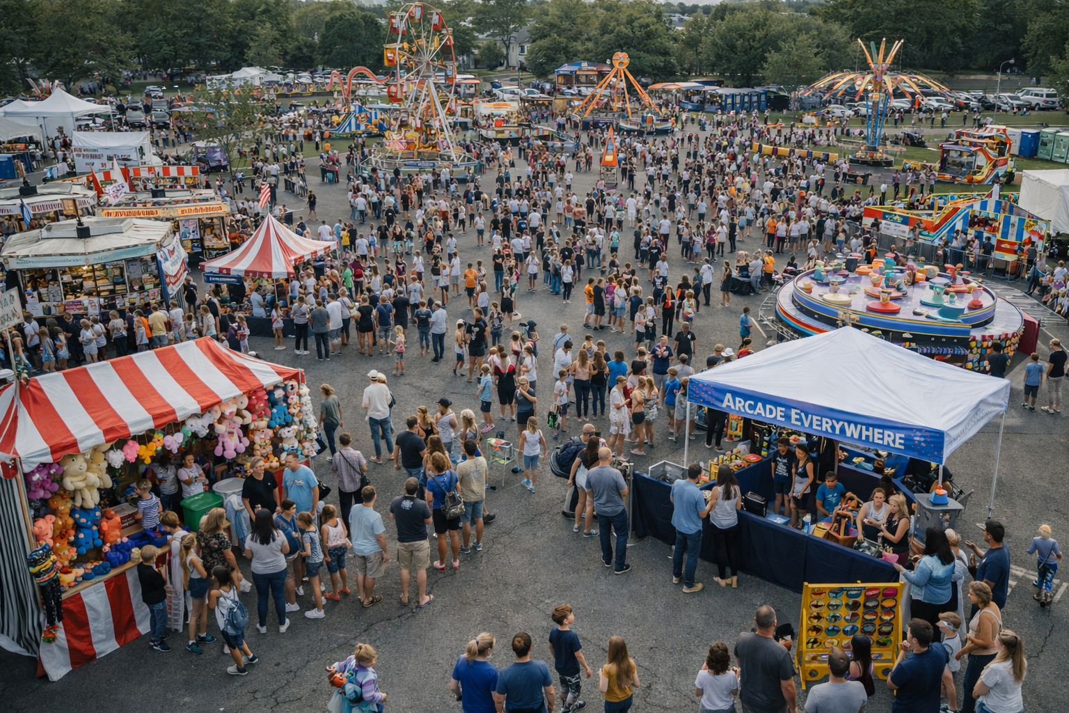 A crowded outdoor carnival with rides, game booths, food stands, and people walking and waiting in line.