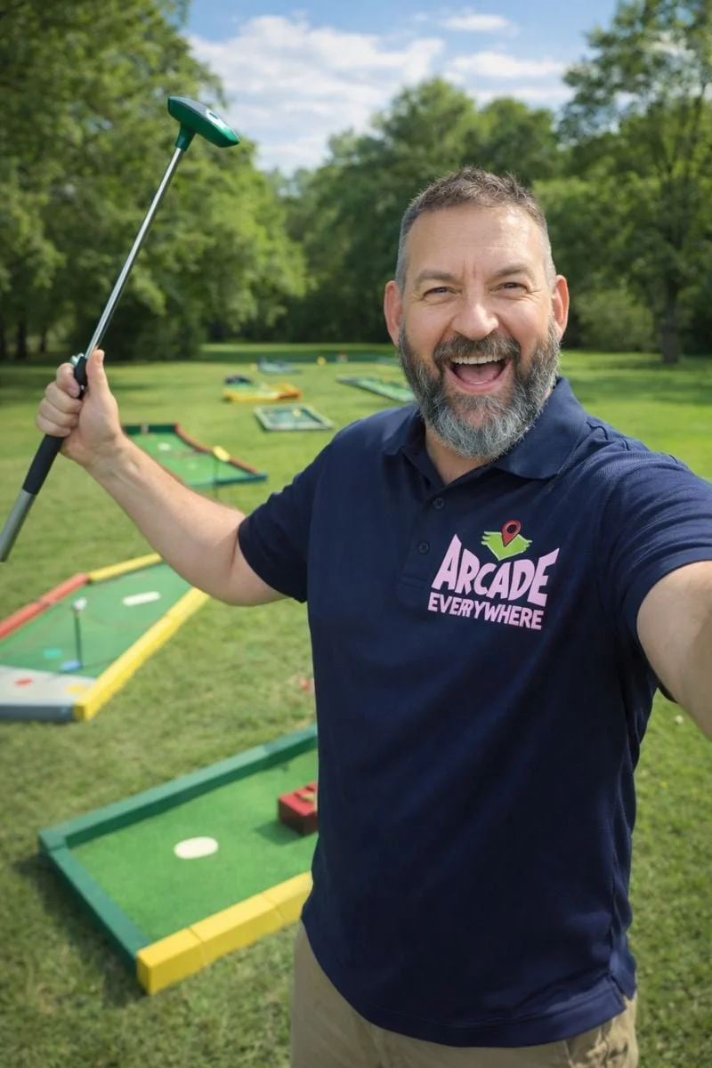 Man smiling and taking selfie outdoors at a mini-golf course, holding a golf club, with mini-golf holes and equipment in the background.
