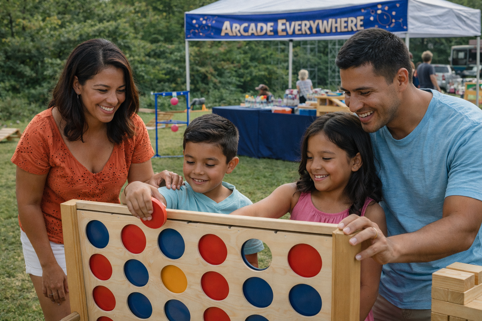 A family of four playing Connect Four at an outdoor fair with a tent that says 'Arcade Everywhere' in the background.