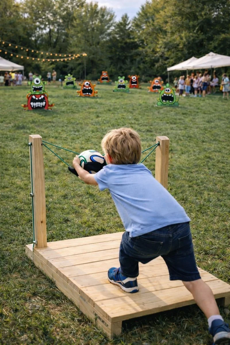 A young boy with blonde hair in a blue shirt and shorts aiming his soccer ball in an oversized slingshot  at colorful monster-themed cutouts at an outdoor carnival or fair, with groups of people under tents in the background.