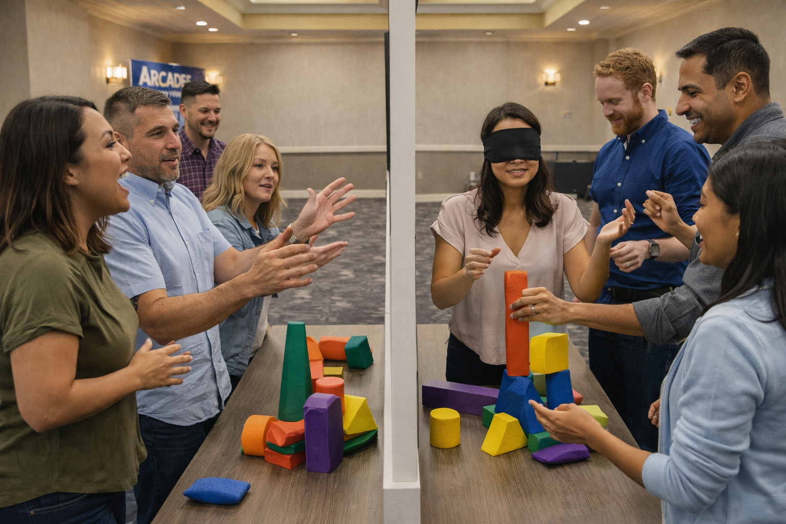 Two teams of people participating in a team-building activity with colorful foam blocks, with a dividing partition between them. They are smiling and engaging in the activity.