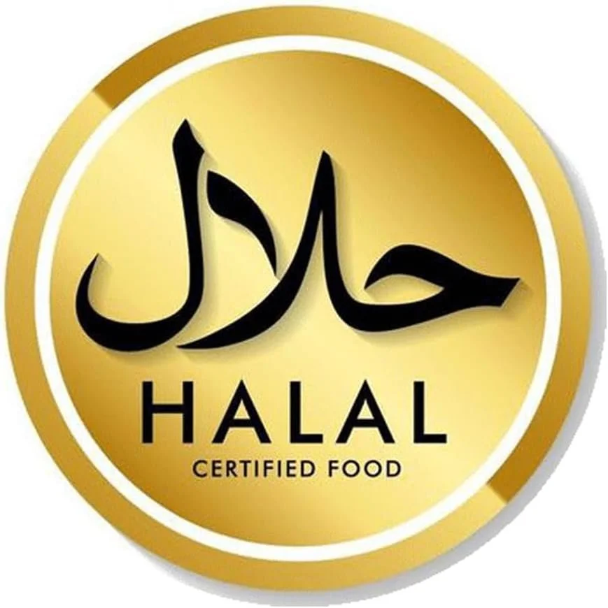 Gold circular badge with black Arabic script and the words 'HALAL CERTIFIED FOOD' indicating certified halal food.