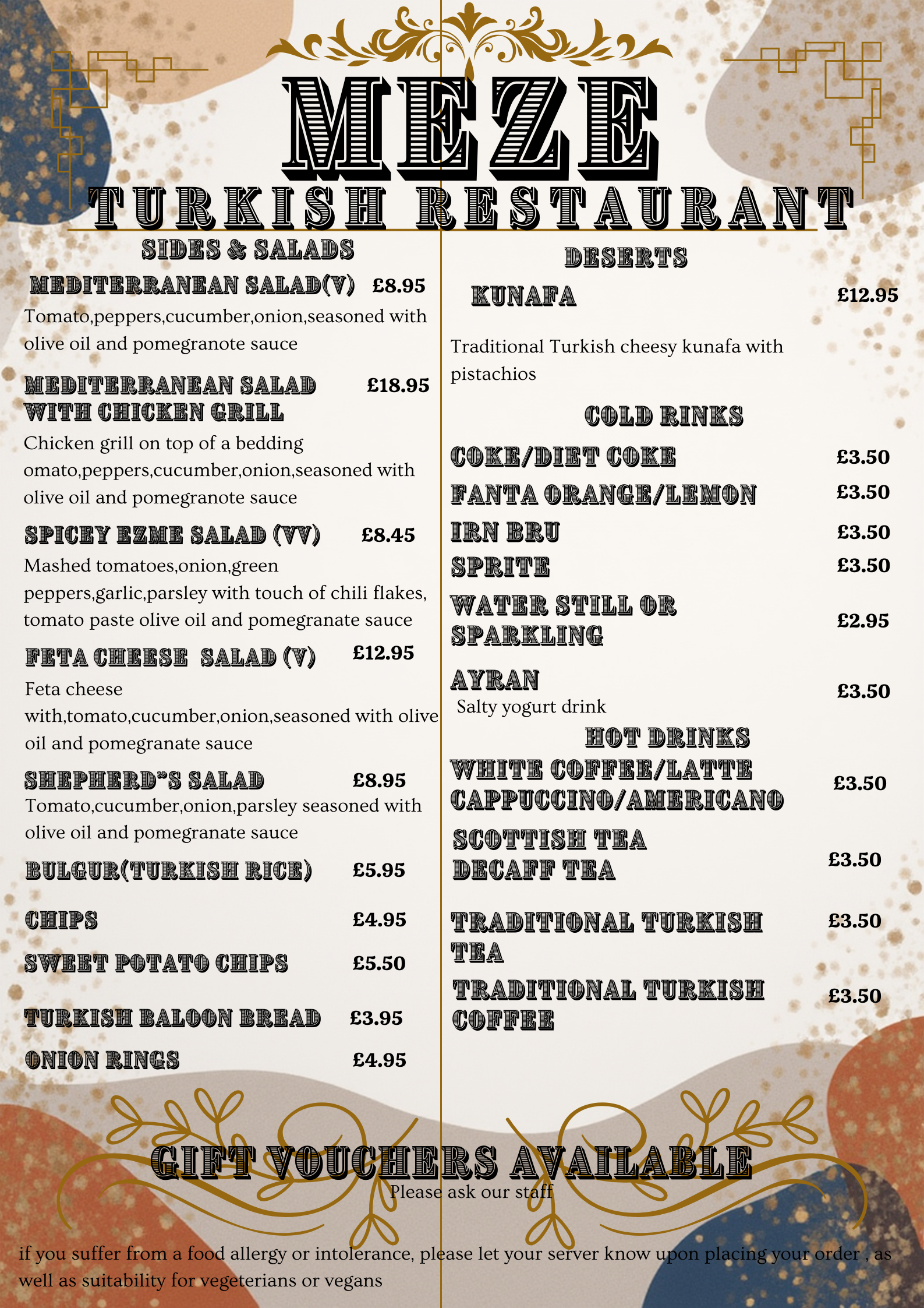 Menu from Meyze Turkish Restaurant featuring sides, salads, desserts, and drinks including Turkish dishes, salads, and beverages.