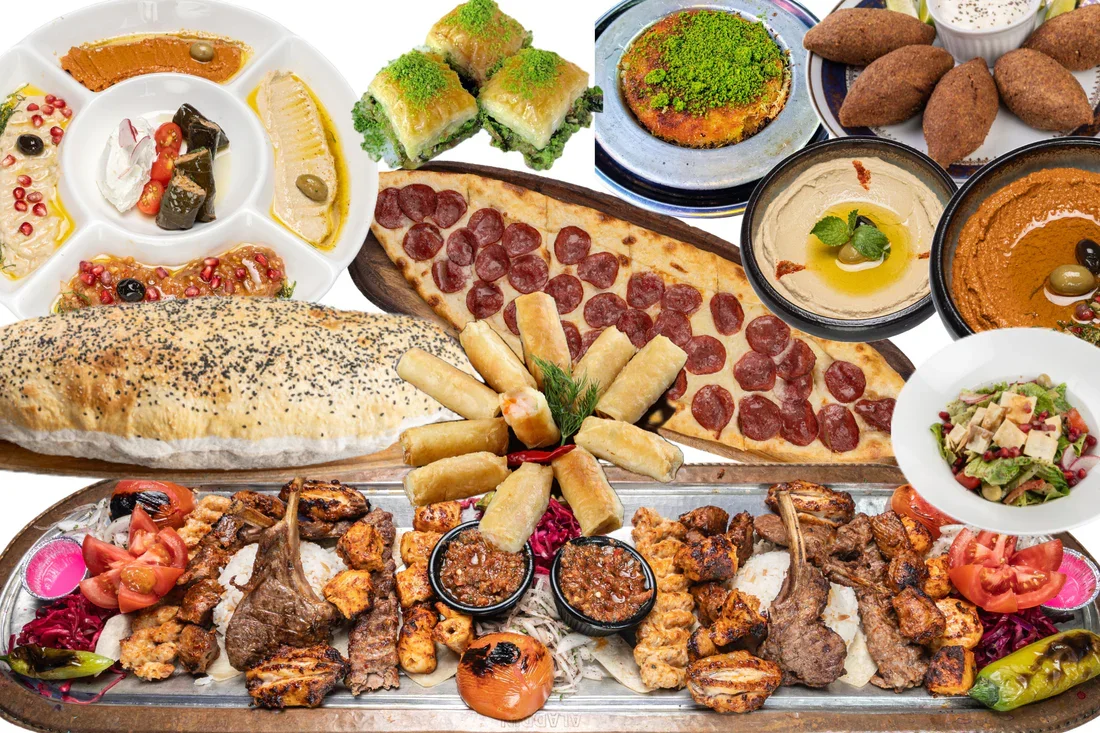 A spread of Middle Eastern and Mediterranean dishes including kebabs, stuffed grape leaves, hummus, falafel, pizza, various salads, bread, and desserts.