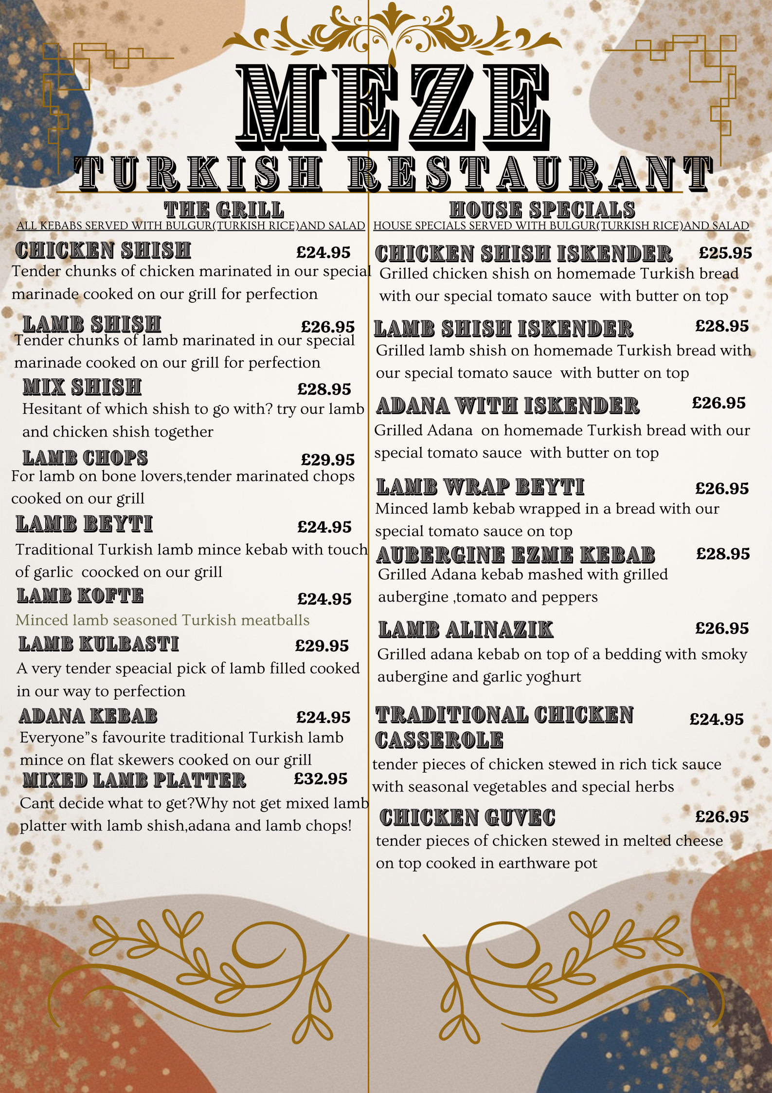 Menu from Mezze Turkish Restaurant listing various grilled dishes and house specials, including chicken shish, lamb shish, mixed shish, lamb chops, lamb kebab, and Turkish bread with tomatoes and peppers, with prices.