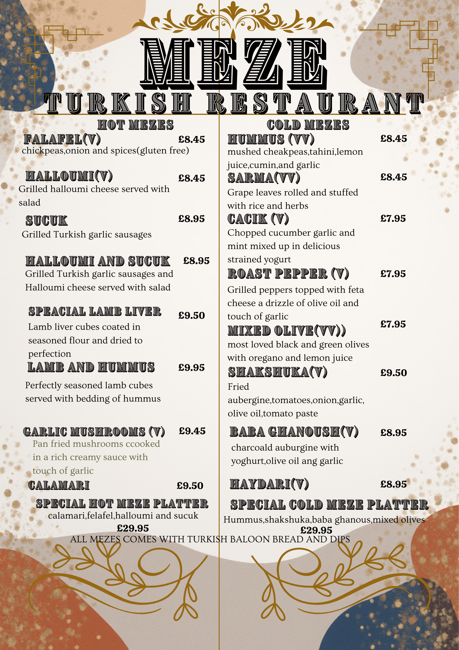 Menu from a Turkish restaurant named MEZE Turkish Restaurant, listing hot and cold mezes with prices, including falafel, halloumi, sucuk, lamb liver, hummus, and grilled vegetables, among other dishes.