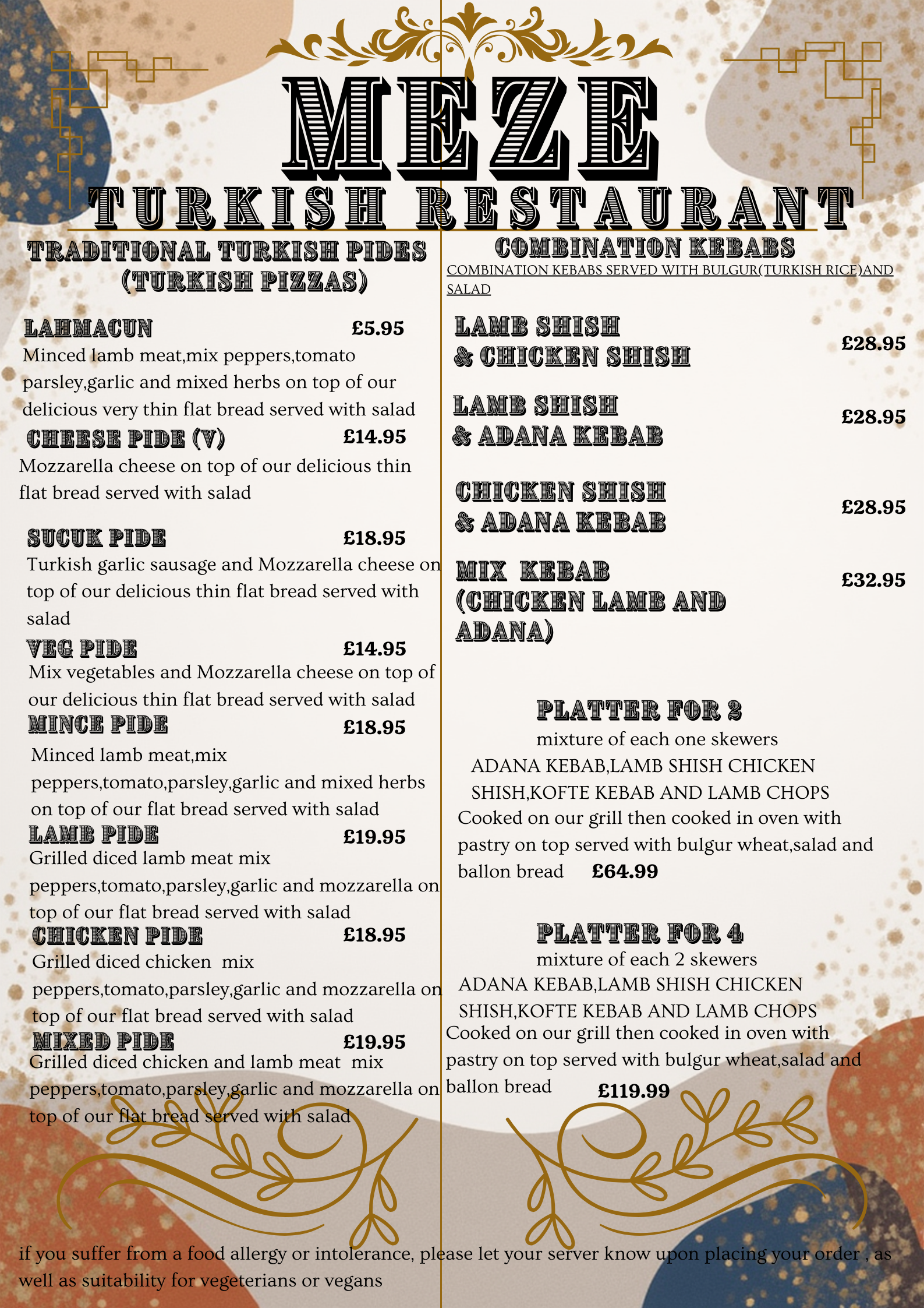 Menu from a Turkish restaurant called MEZE Turkish Restaurant, listing traditional Turkish pide dishes and combination kebabs, with prices and descriptions.