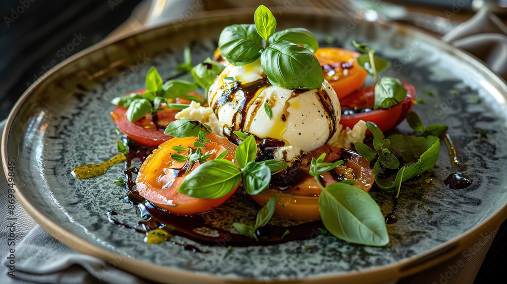 Caprese salad with sliced tomatoes, fresh basil, mozzarella cheese, balsamic glaze, and olive oil on a dark, textured plate.