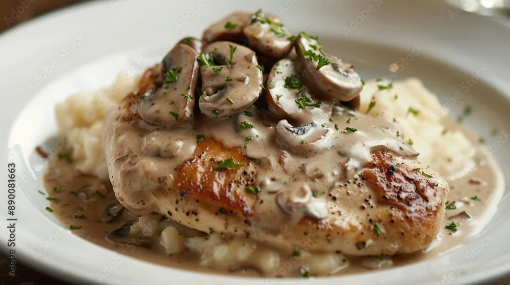 Chicken breast topped with mushroom gravy, served with mashed potatoes, garnished with chopped parsley.