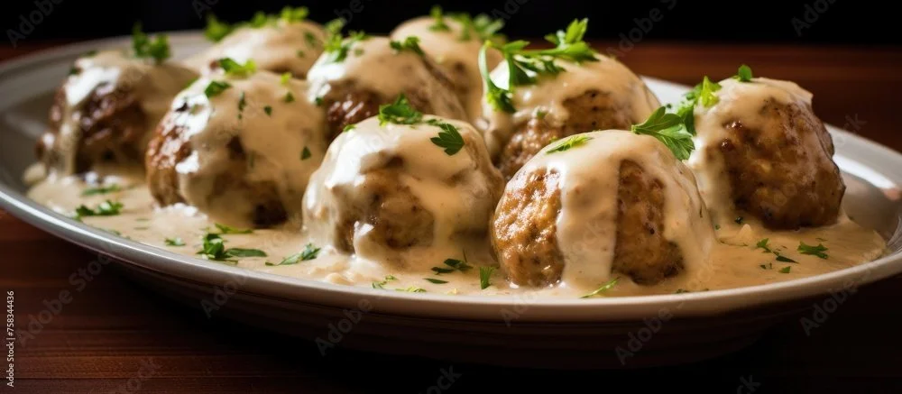 Plate of meatballs topped with creamy white sauce and garnished with parsley.