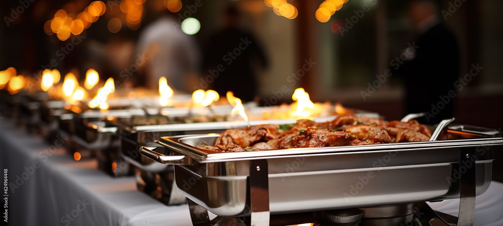 Chafing dish filled with cooked meat at a buffet with blurred background and bokeh lights.