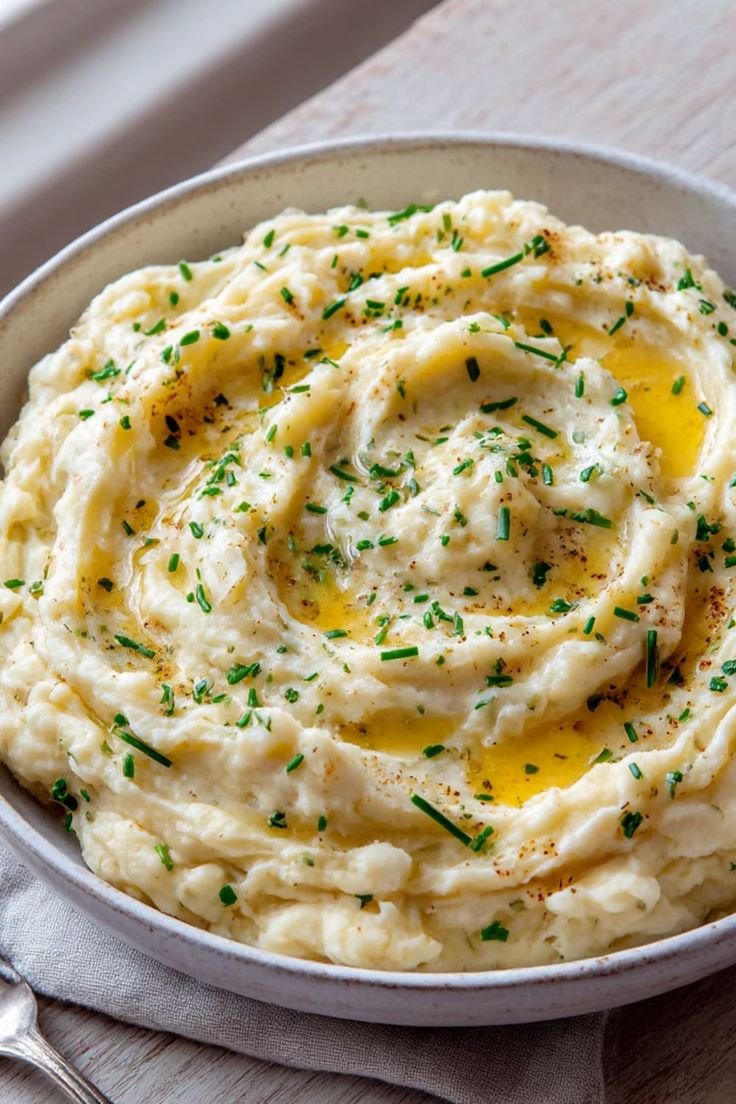 A bowl of creamy mashed potatoes topped with chopped chives and sprinkled black pepper.